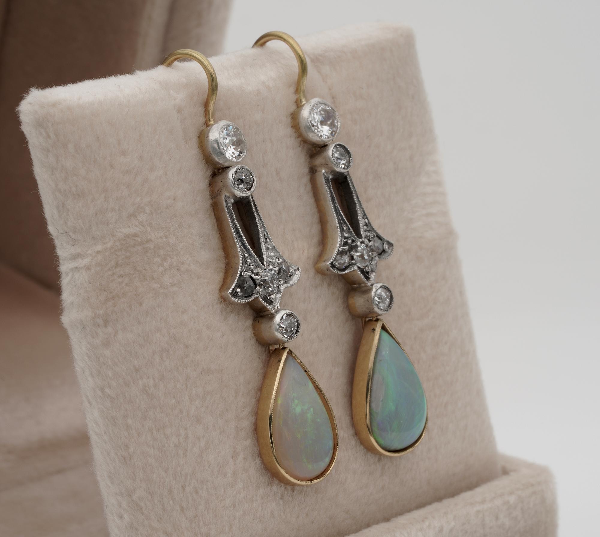 Cabochon Edwardian Solid Opal Diamond Silver on Gold Drop Earrings For Sale