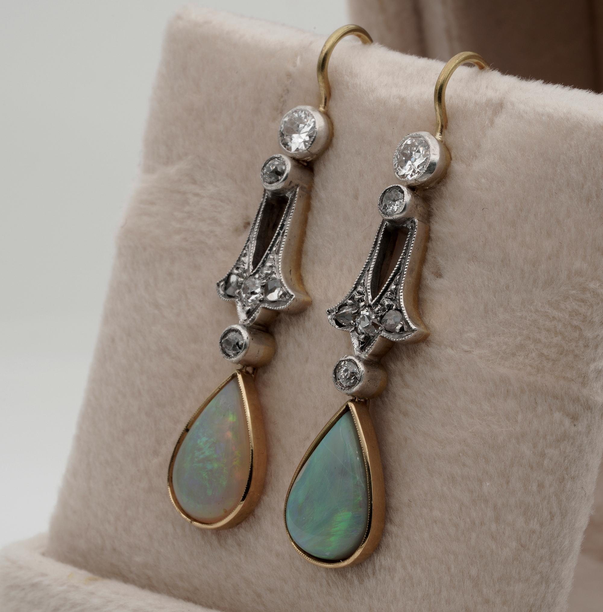 Edwardian Solid Opal Diamond Silver on Gold Drop Earrings In Good Condition For Sale In Napoli, IT