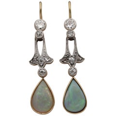 Edwardian Solid Opal Diamond Silver on Gold Drop Earrings