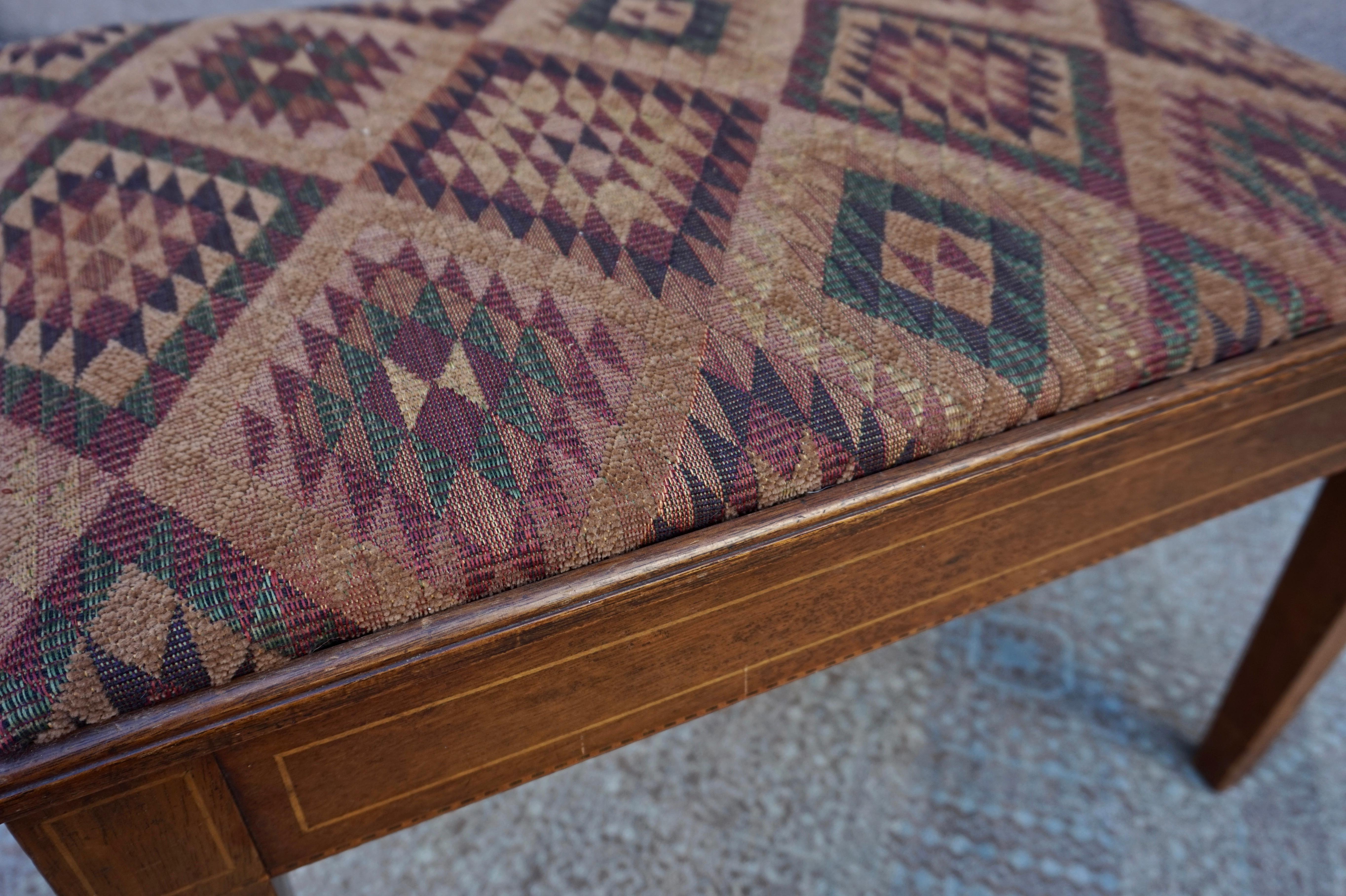 Edwardian Solid Small Foyer Bench With Satinwood Inlay & Chenille Fabric Seat For Sale 2