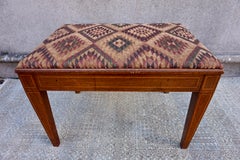 Edwardian Solid Small Foyer Bench With Satinwood Inlay & Chenille Fabric Seat
