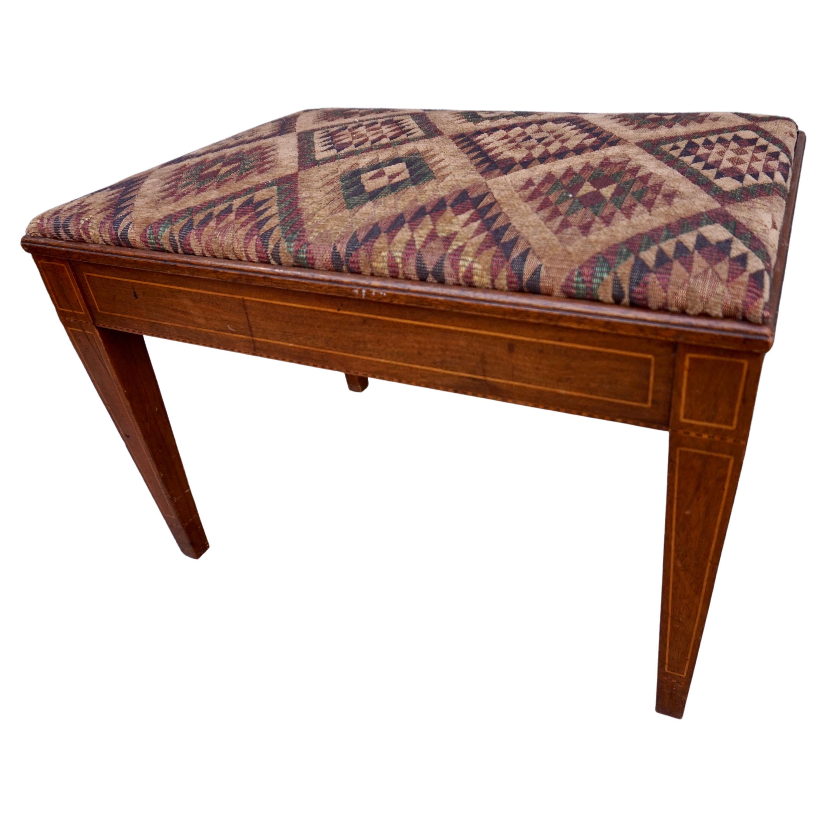 Edwardian Solid Small Foyer Bench With Satinwood Inlay & Chenille Fabric Seat For Sale
