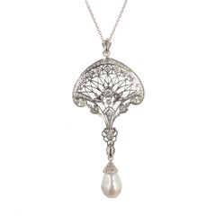 Edwardian South Sea Baroque Pearl Pave Diamond Platinum Pendant Necklace