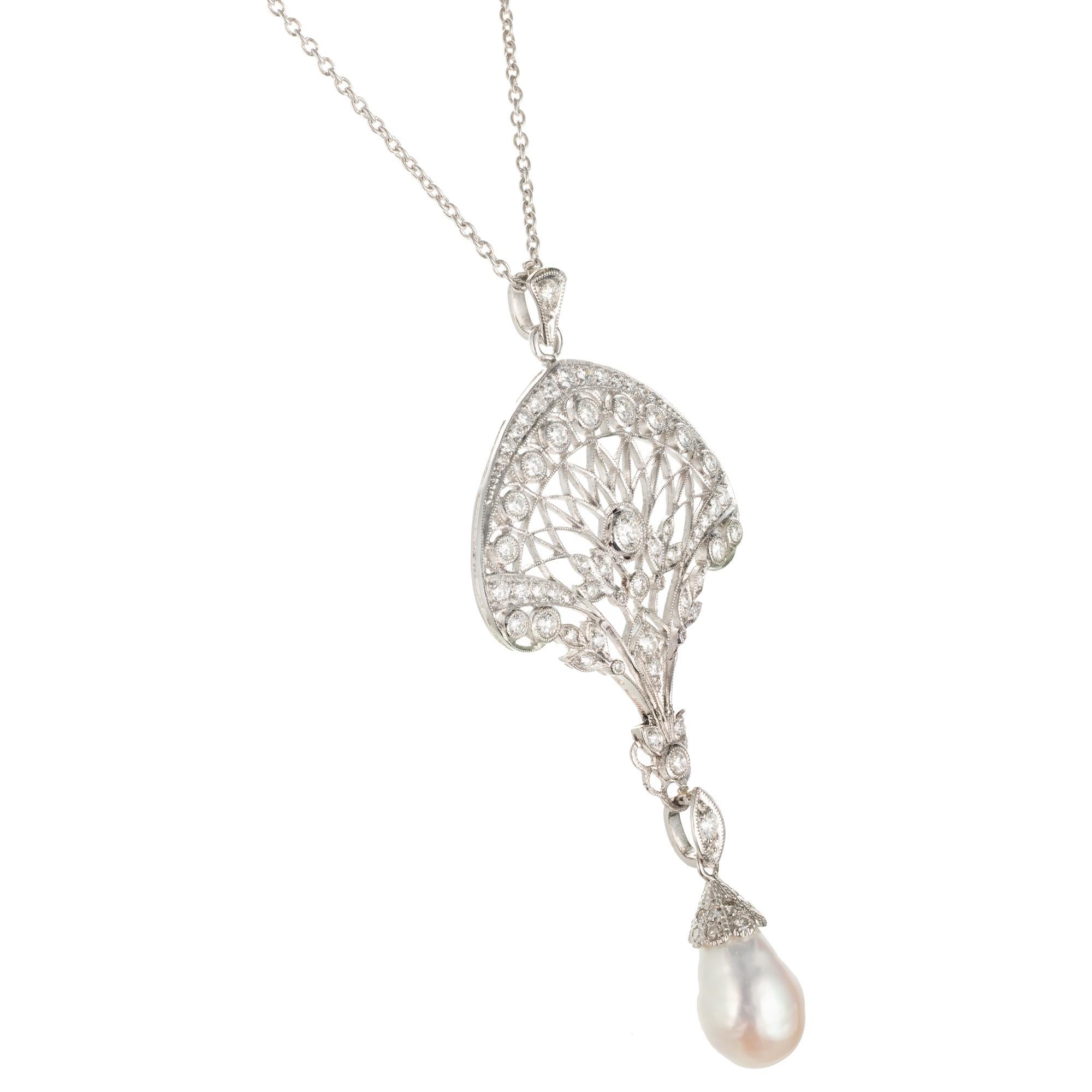 Round Cut Edwardian South Sea Baroque Pearl Pave Diamond Platinum Pendant Necklace For Sale