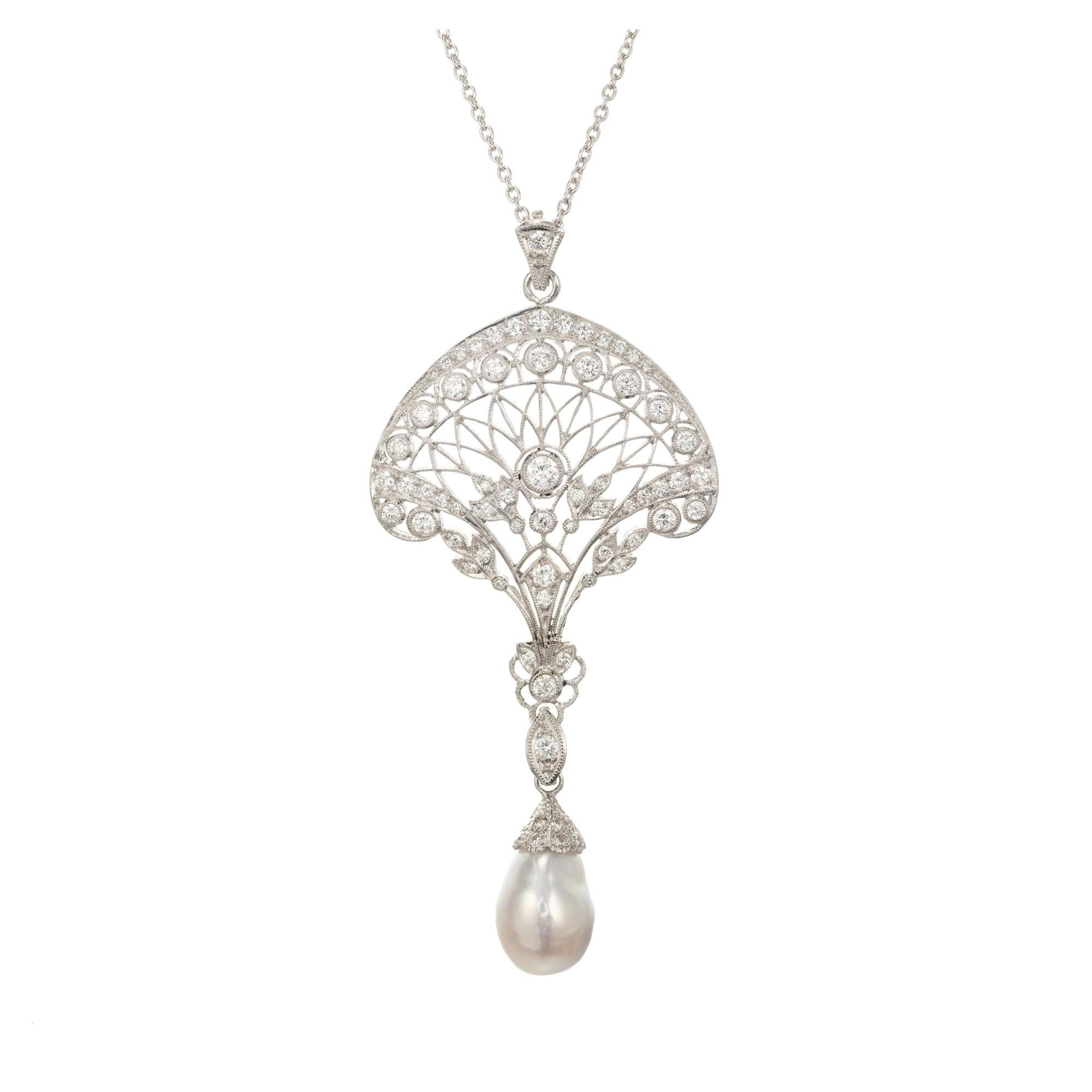 Edwardian South Sea Baroque Pearl Pave Diamond Platinum Pendant Necklace For Sale