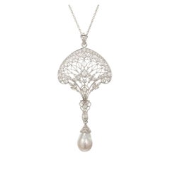 Antique Edwardian South Sea Baroque Pearl Pave Diamond Platinum Pendant Necklace