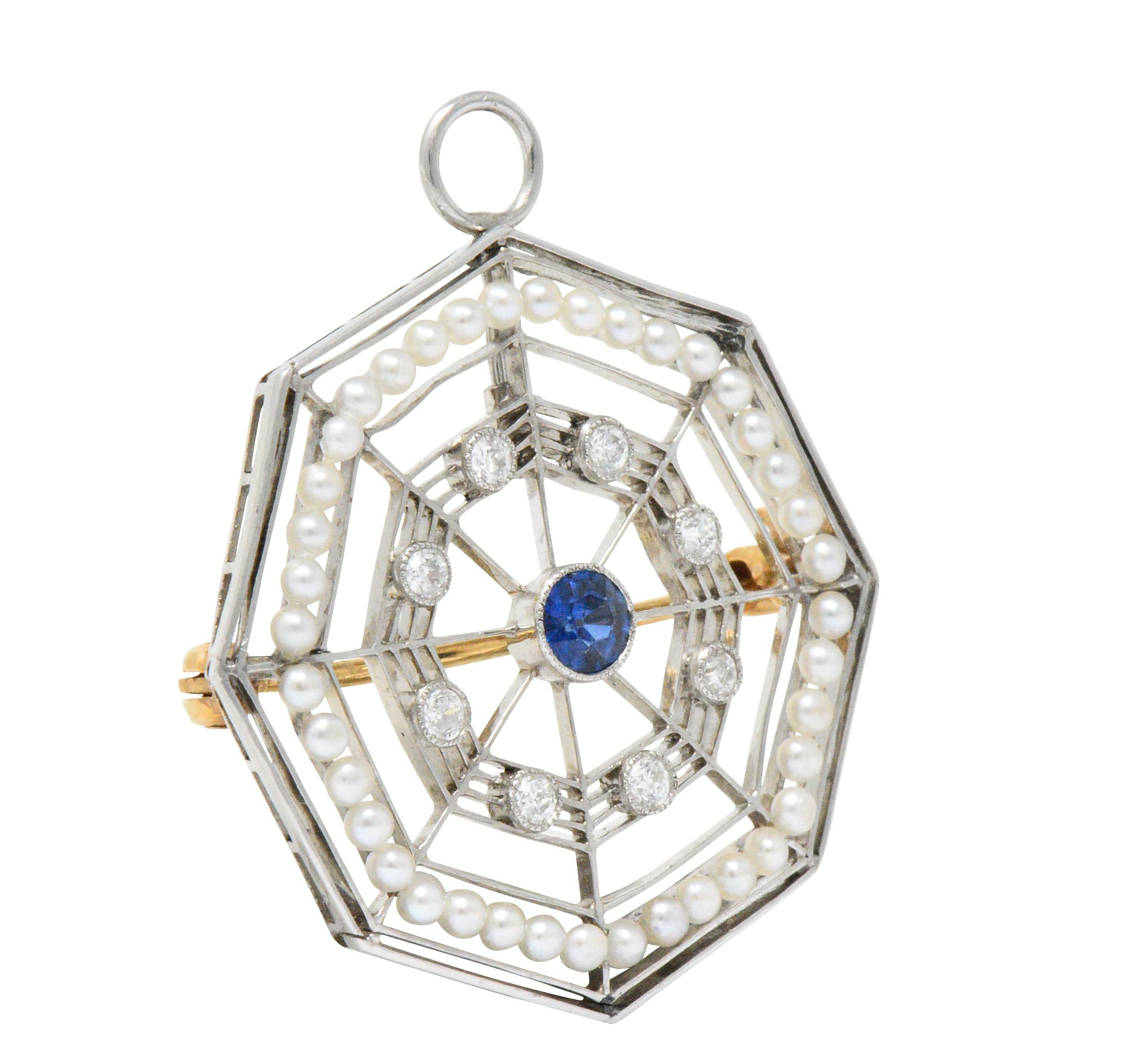 Round Cut Edwardian Spider Web Diamond Sapphire Seed Pearl Platinum Pendant Brooch