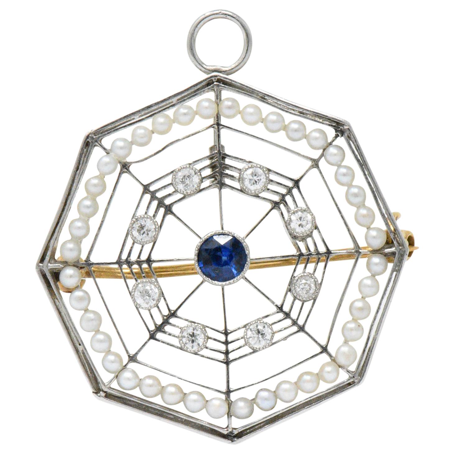 Edwardian Spider Web Diamond Sapphire Seed Pearl Platinum Pendant Brooch