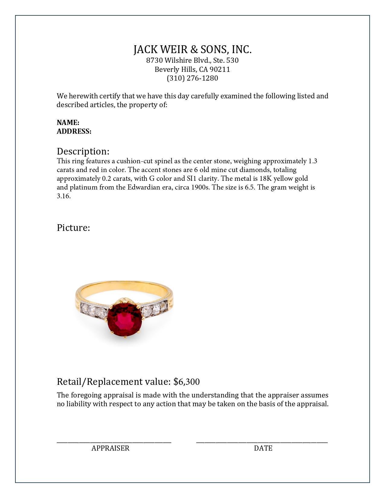 Edwardian Spinel Diamond 18K Yellow Gold Ring In Excellent Condition For Sale In Beverly Hills, CA