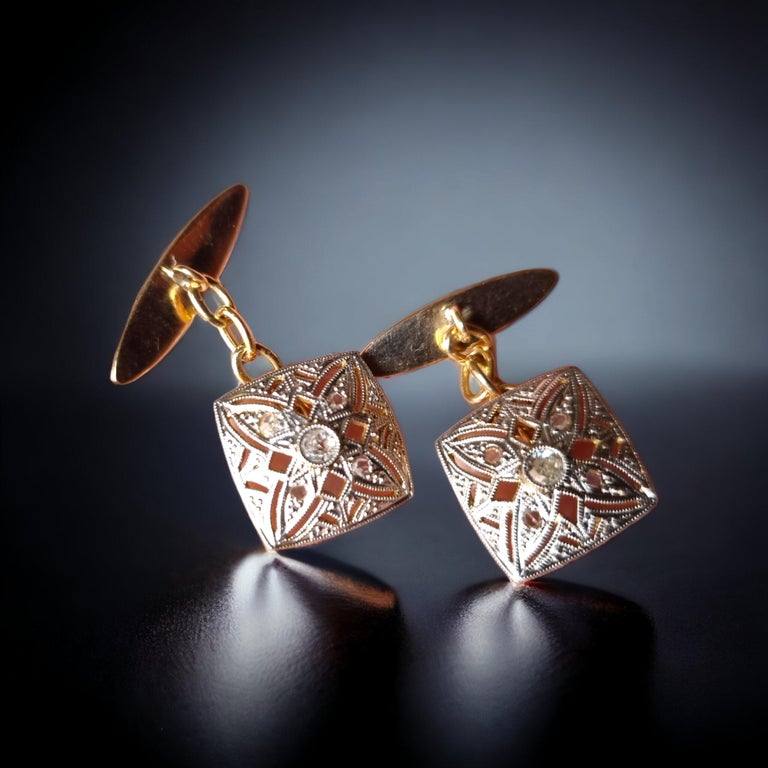 Boutons De Manchette Anciens En Or 14 Carats Gravés - Style édouardien