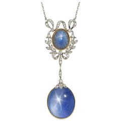 Edwardian Star Sapphire and Diamond Drop Pendant