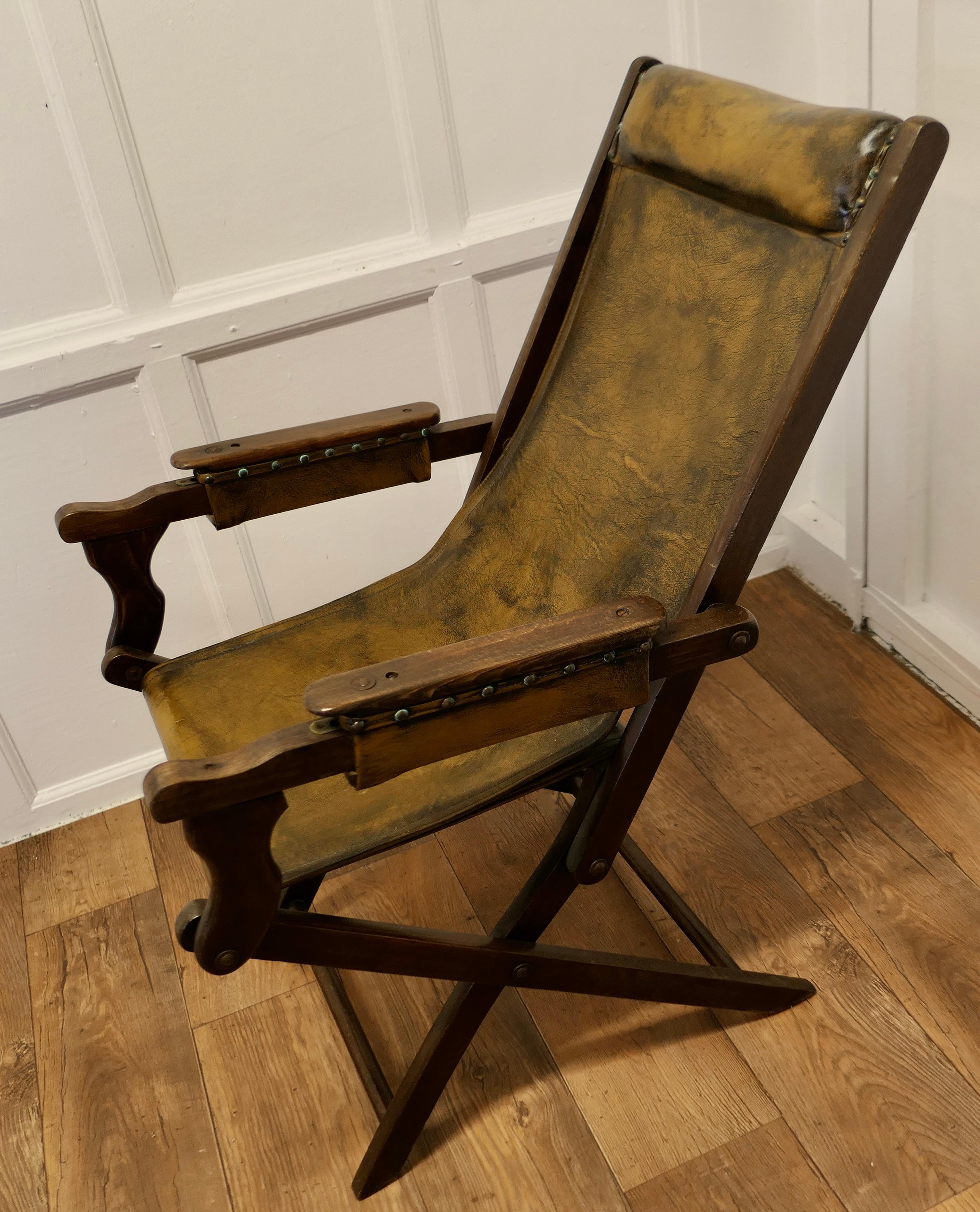 Edwardian Steamer Chair, Folding Leather Deck Chair Edwardian Steamer Chair For Sale 4