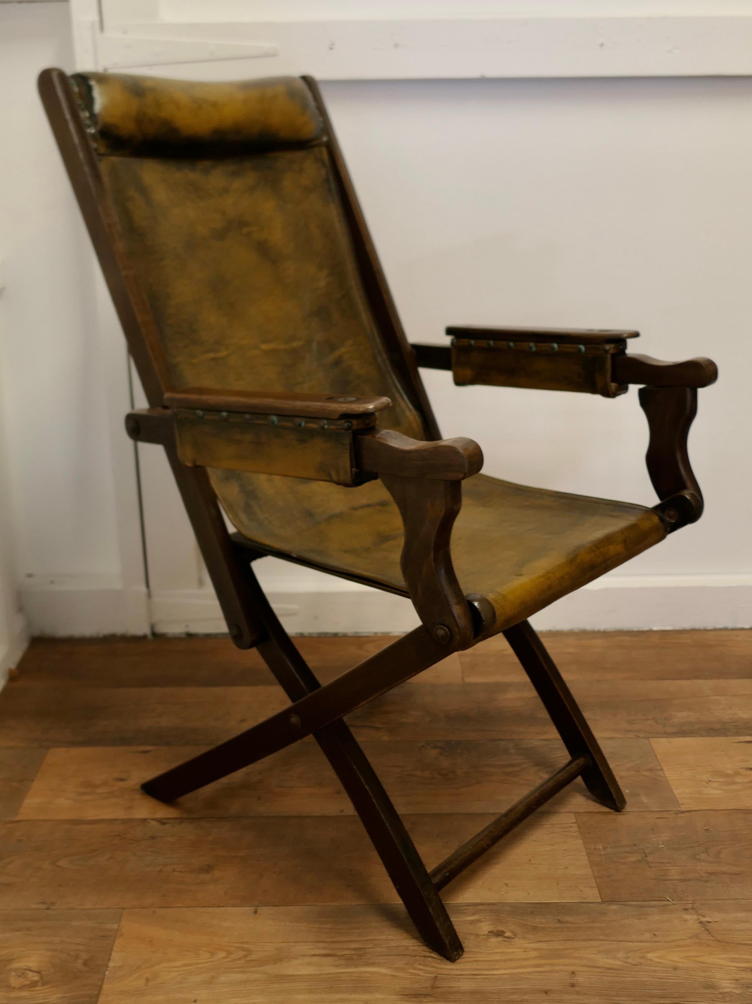 Early 20th Century Edwardian Steamer Chair, Folding Leather Deck Chair Edwardian Steamer Chair For Sale