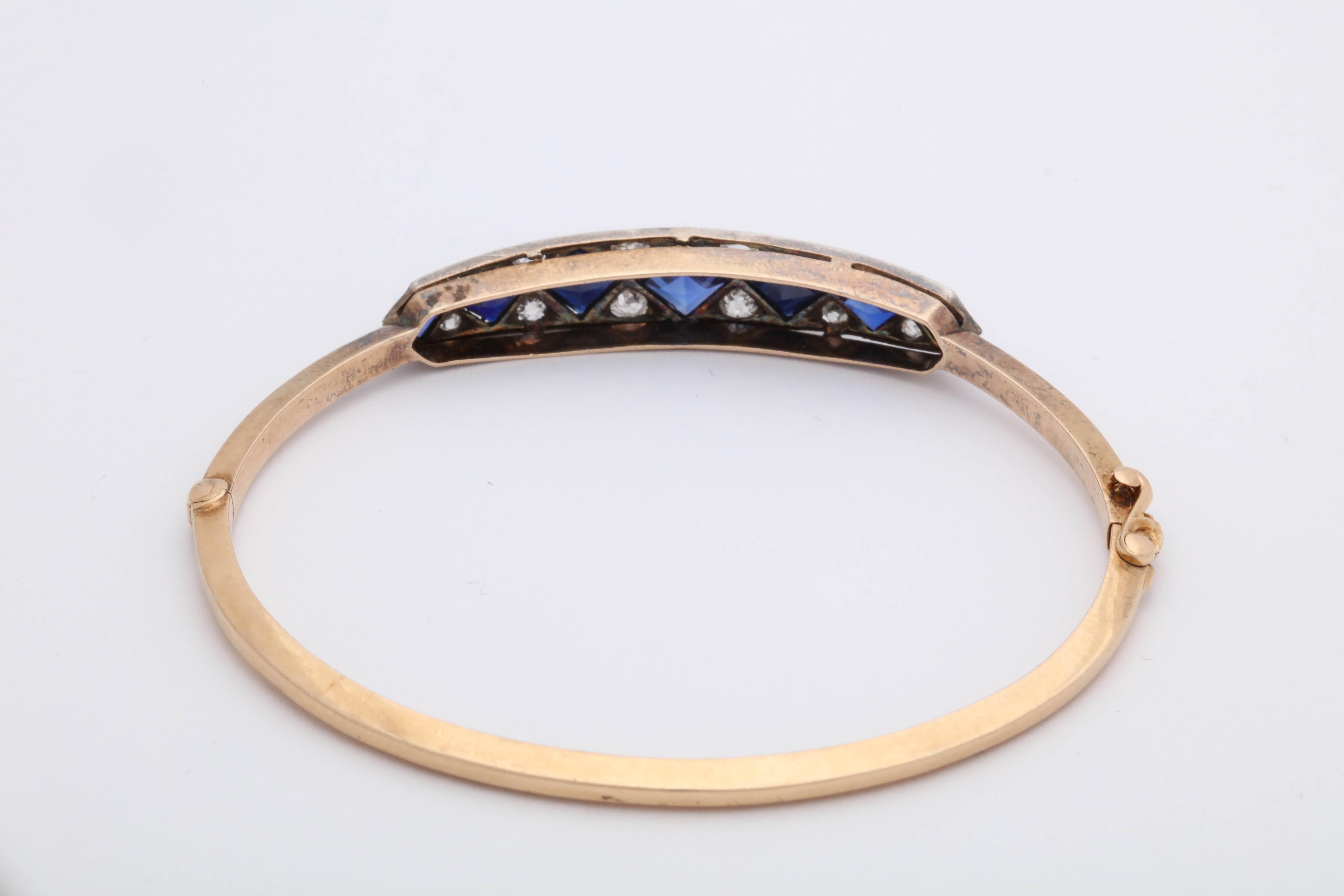 Women's Edwardian Step Cut Sapphires with Diamonds Platinum and Gold Bangle Bracelet