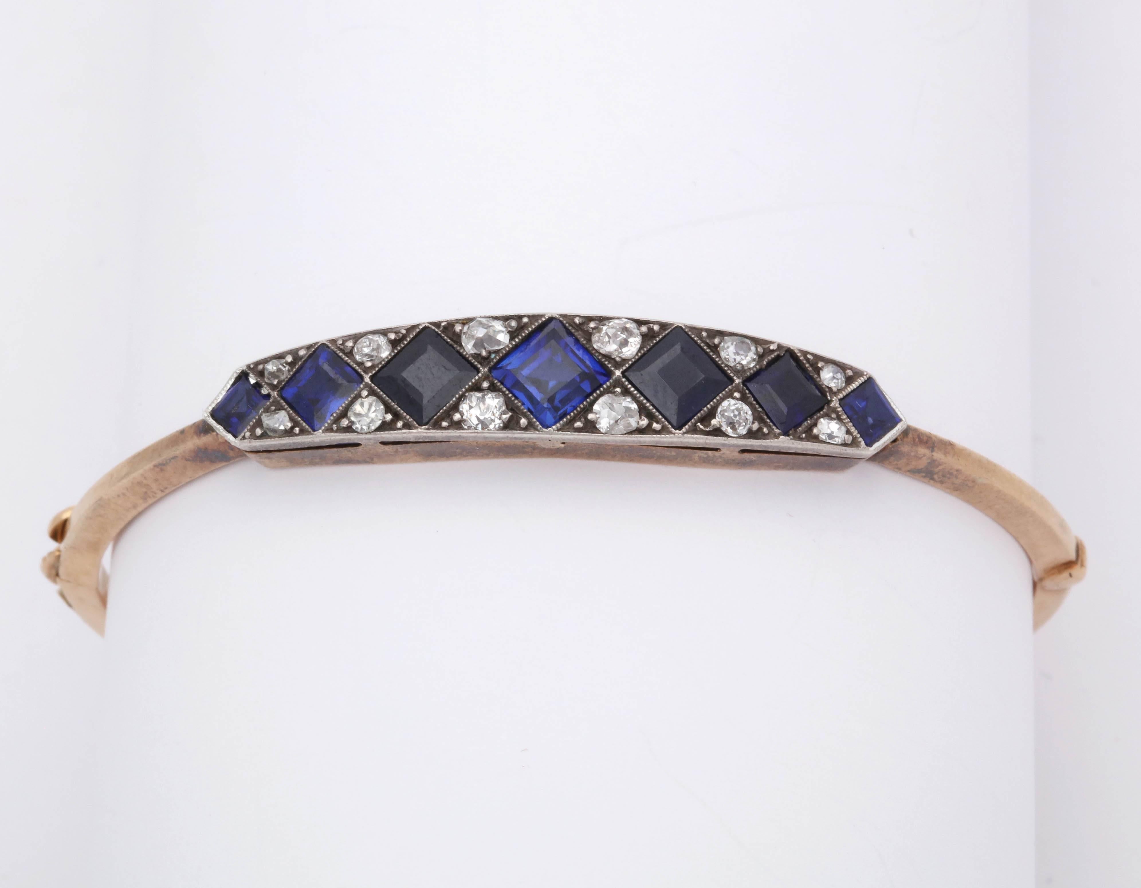 Edwardian Step Cut Sapphires with Diamonds Platinum and Gold Bangle Bracelet 2