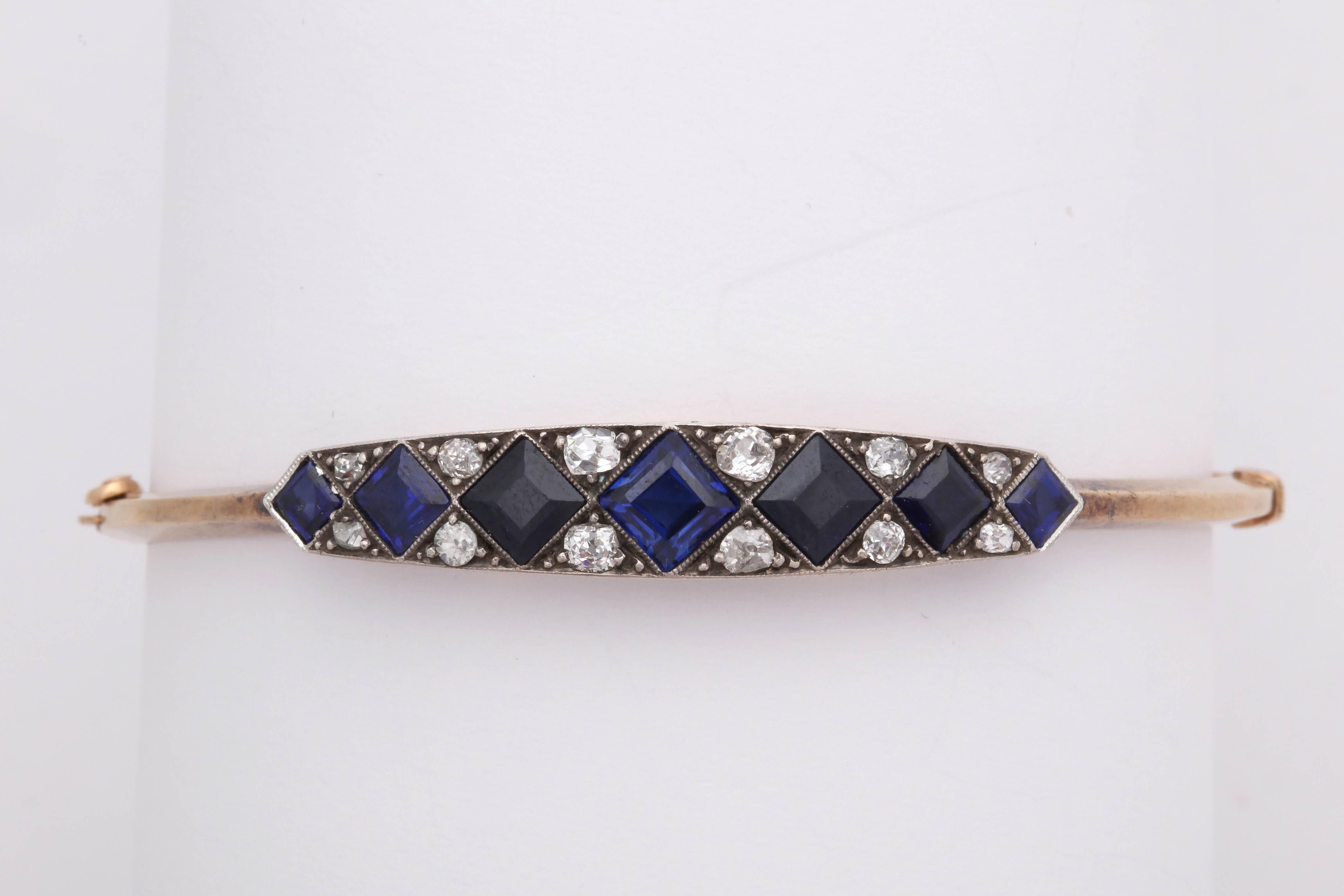 Edwardian Step Cut Sapphires with Diamonds Platinum and Gold Bangle Bracelet 3