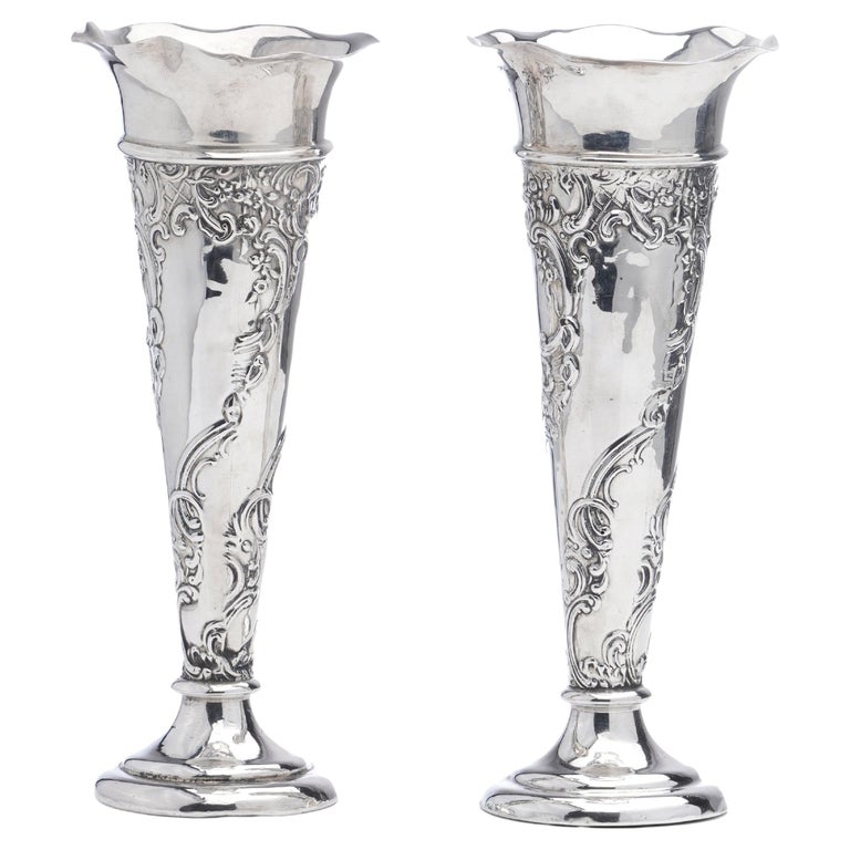 Edwardian Sterling 925 Silver Bud Vases by William Comyns and Sons For