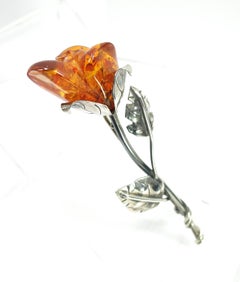 Edwardian Sterling & Carved Amber Rosebud Brooch, Circa 1910