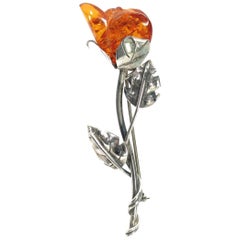 Antique Edwardian Sterling & Carved Amber Rosebud Brooch, Circa 1910