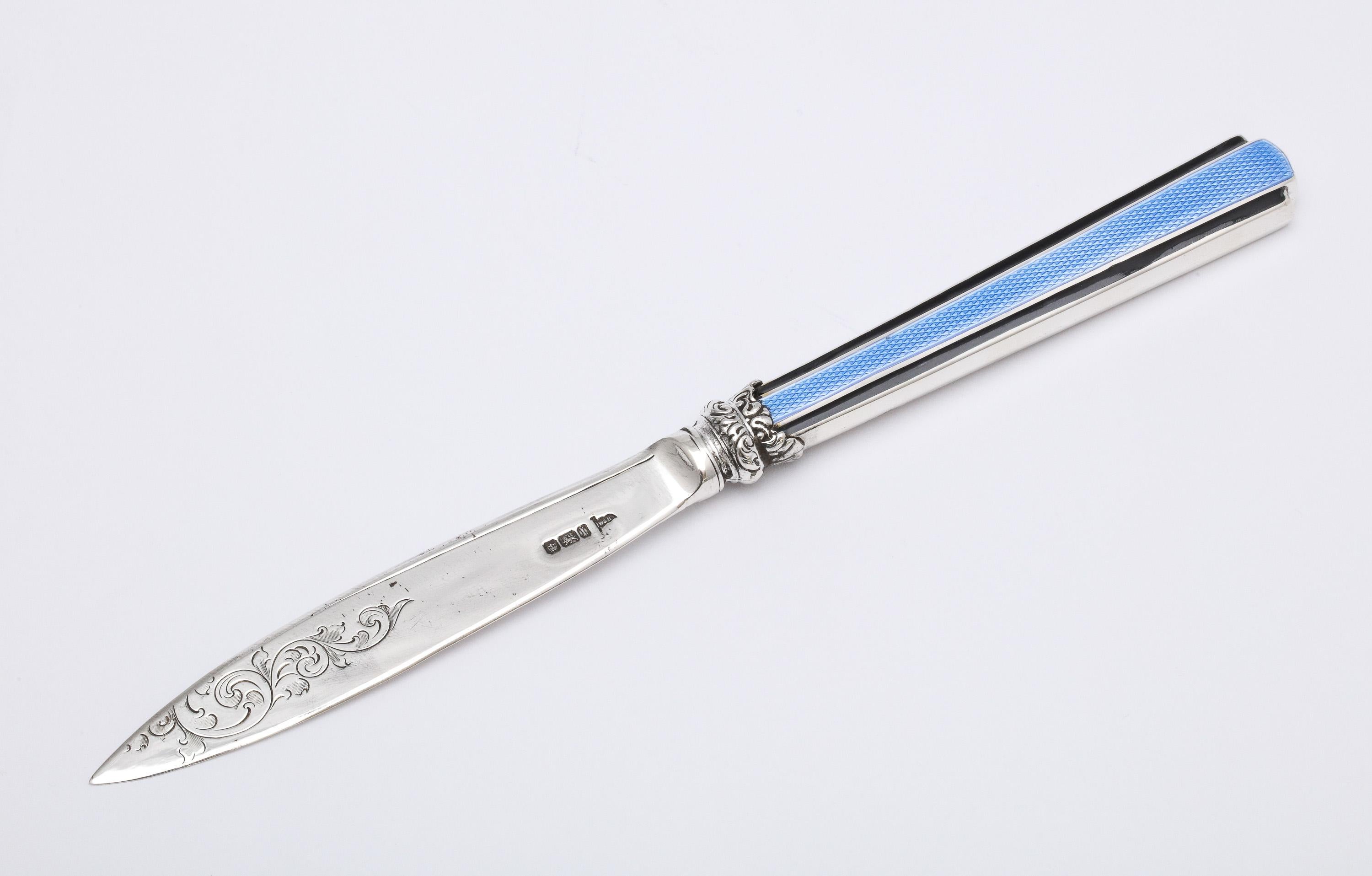 Edwardian Sterling Silver and Blue and Black Enamel, Mounted Letter Opener 6