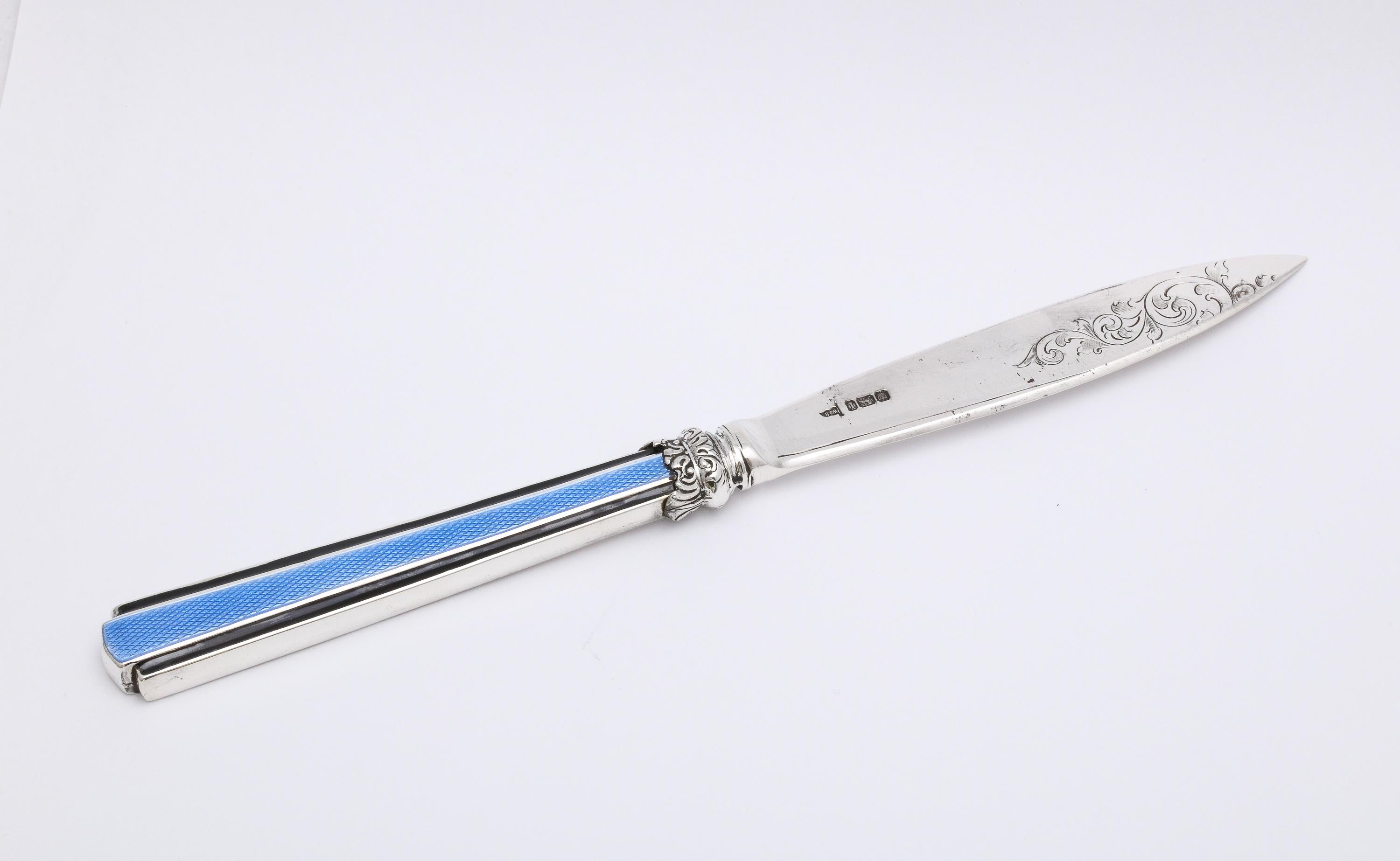 English Edwardian Sterling Silver and Blue and Black Enamel, Mounted Letter Opener