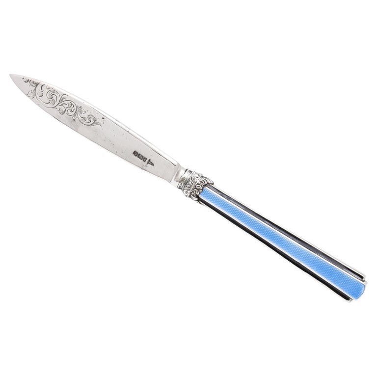 Edwardian Sterling Silver and Blue and Black Enamel, Mounted Letter Opener For Sale