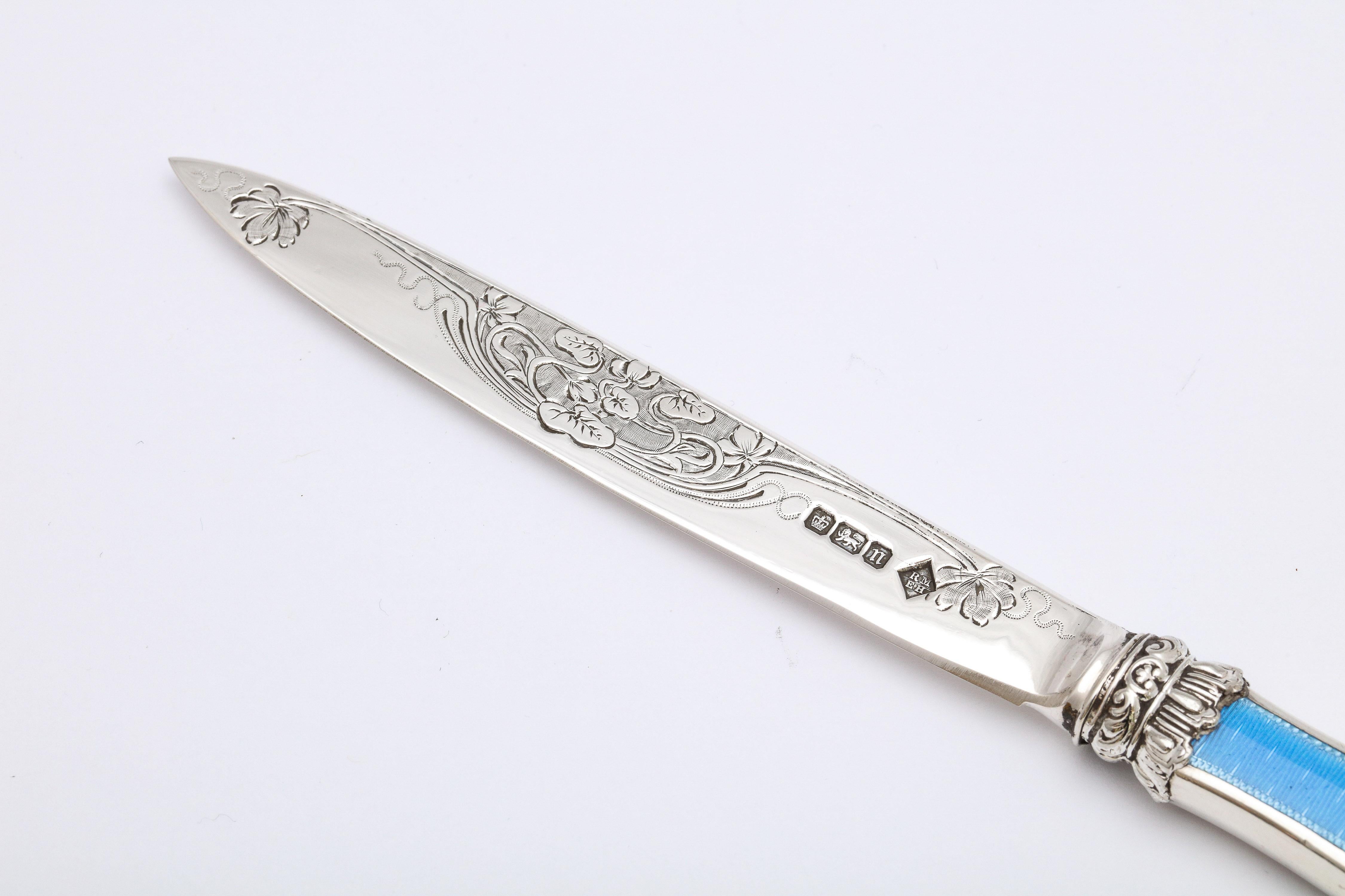 English Edwardian Sterling Silver and Blue Guilloche Enamel Letter Opener/Paper Knife