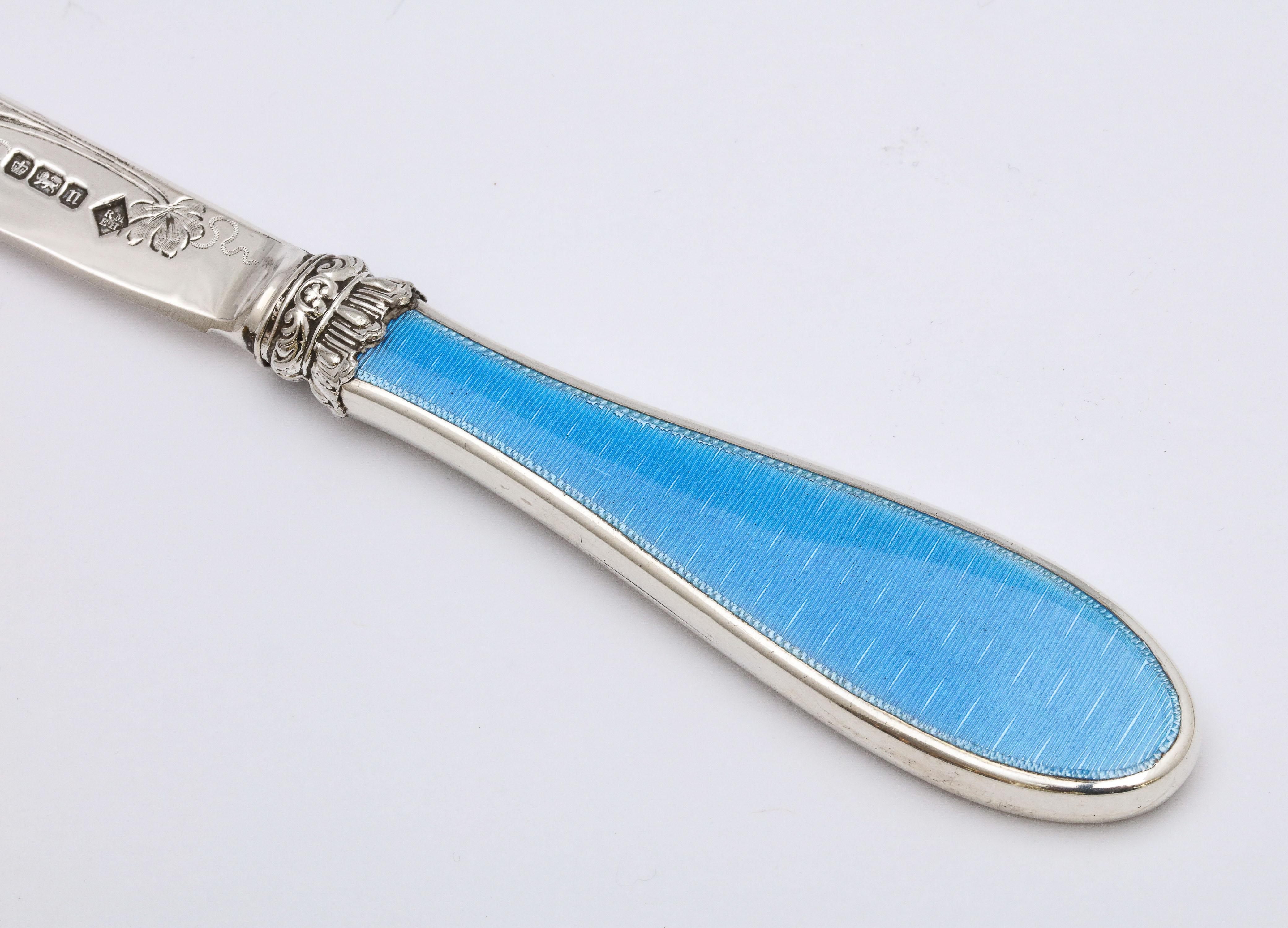 Edwardian Sterling Silver and Blue Guilloche Enamel Letter Opener/Paper Knife In Good Condition In New York, NY