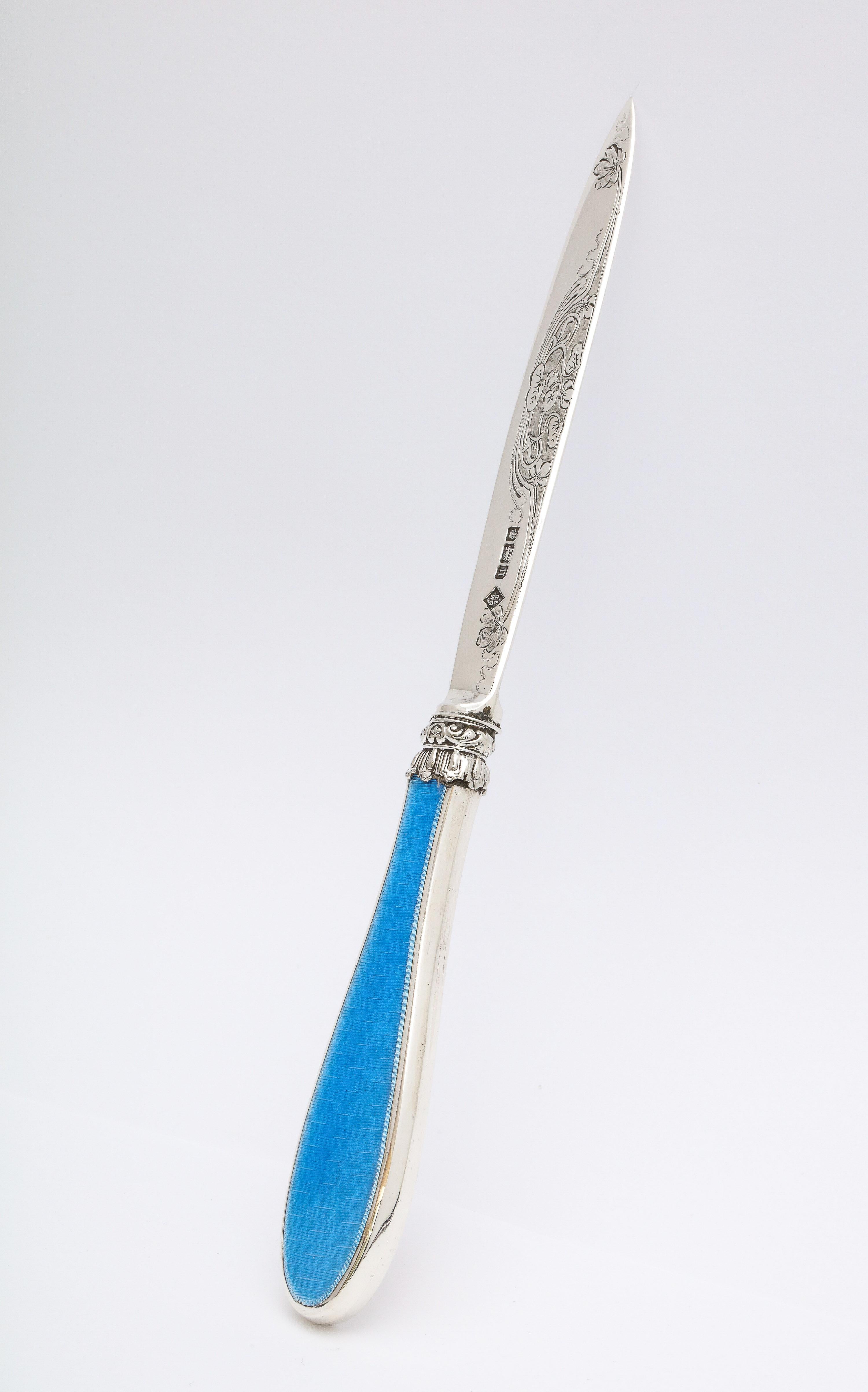 Edwardian Sterling Silver and Blue Guilloche Enamel Letter Opener/Paper Knife 1