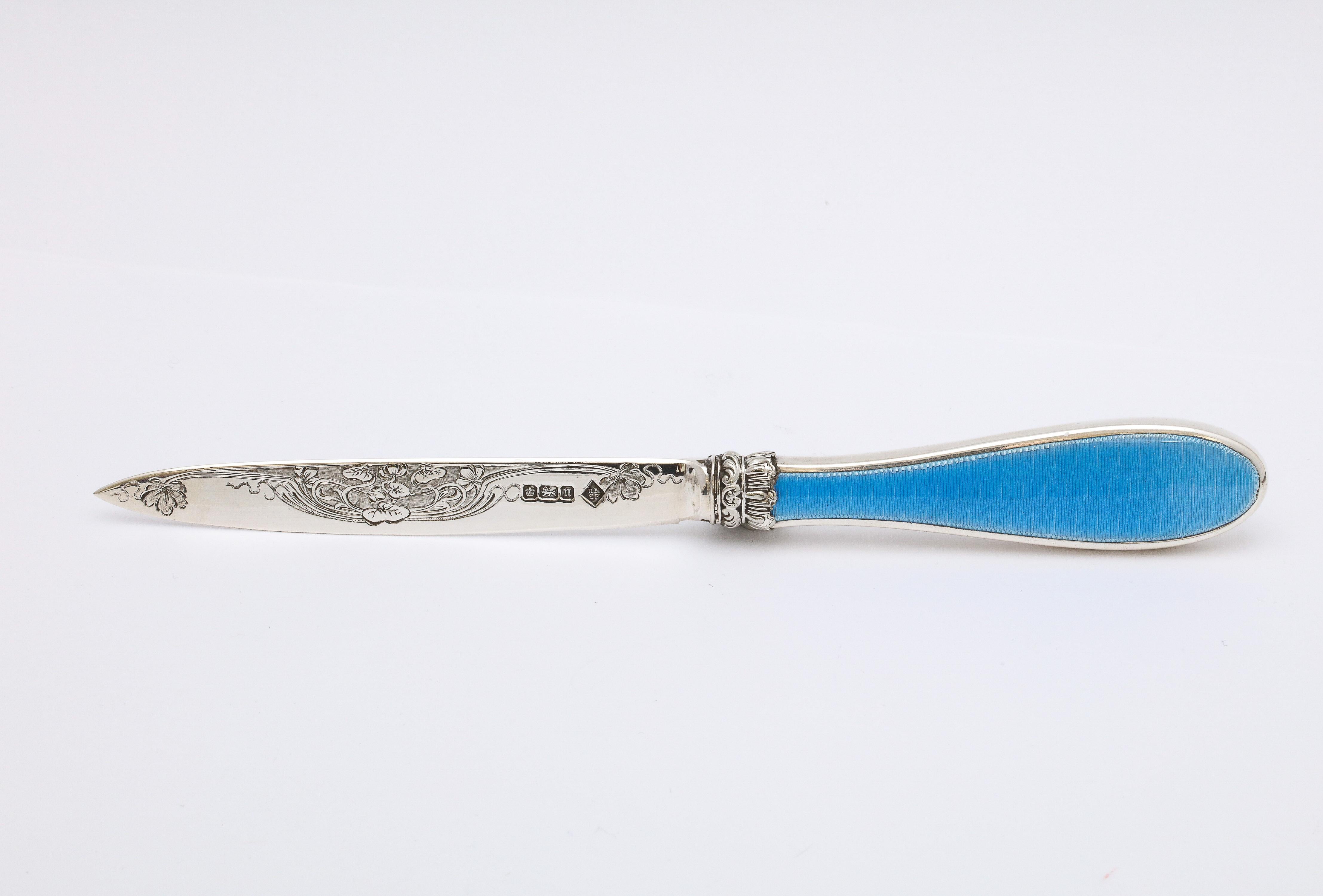 Edwardian Sterling Silver and Blue Guilloche Enamel Letter Opener/Paper Knife 3