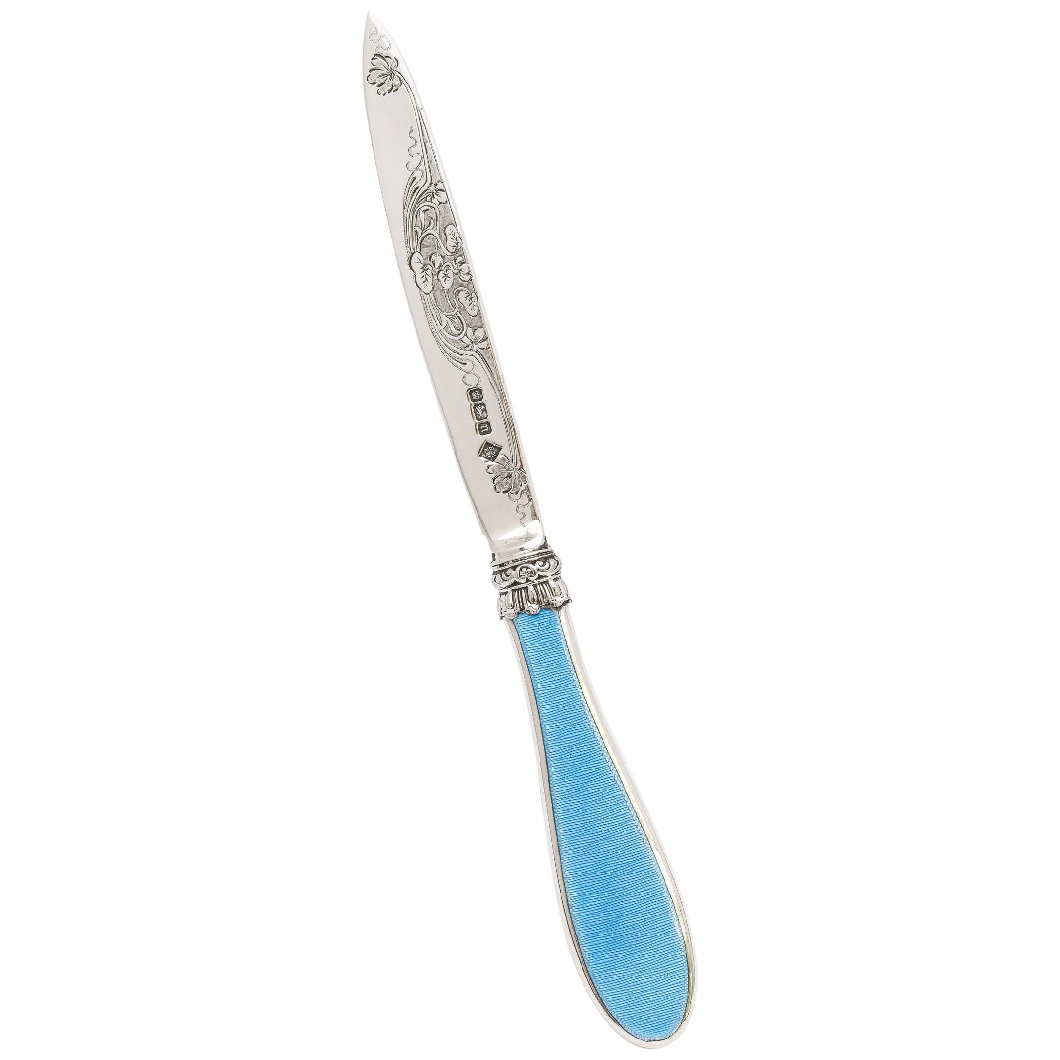 Edwardian Sterling Silver and Blue Guilloche Enamel Letter Opener/Paper Knife