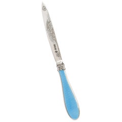 Antique Edwardian Sterling Silver and Blue Guilloche Enamel Letter Opener/Paper Knife