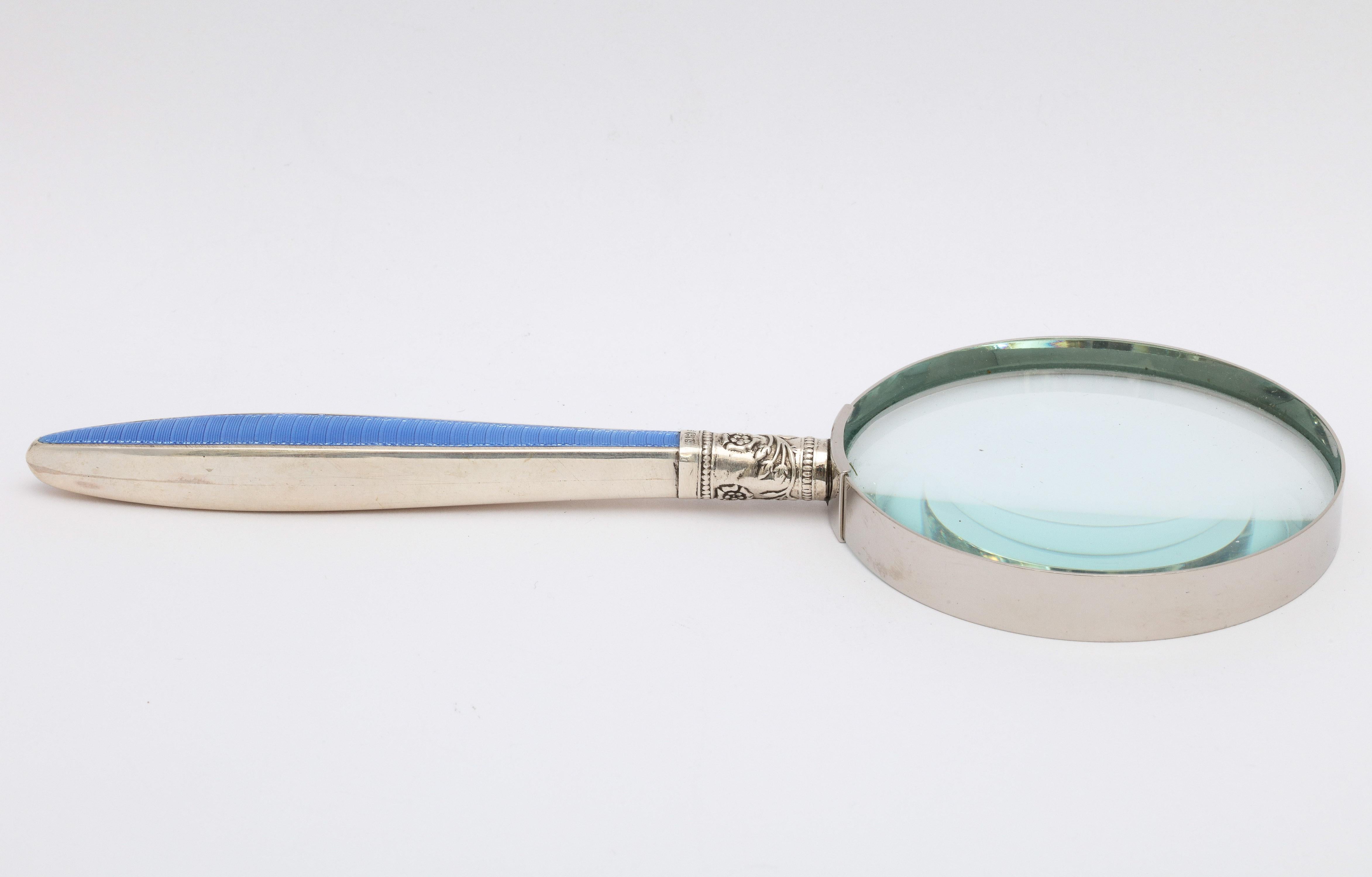 Edwardian Sterling Silver and Blue Guilloche Enamel, Mounted Magnifying Glass 4