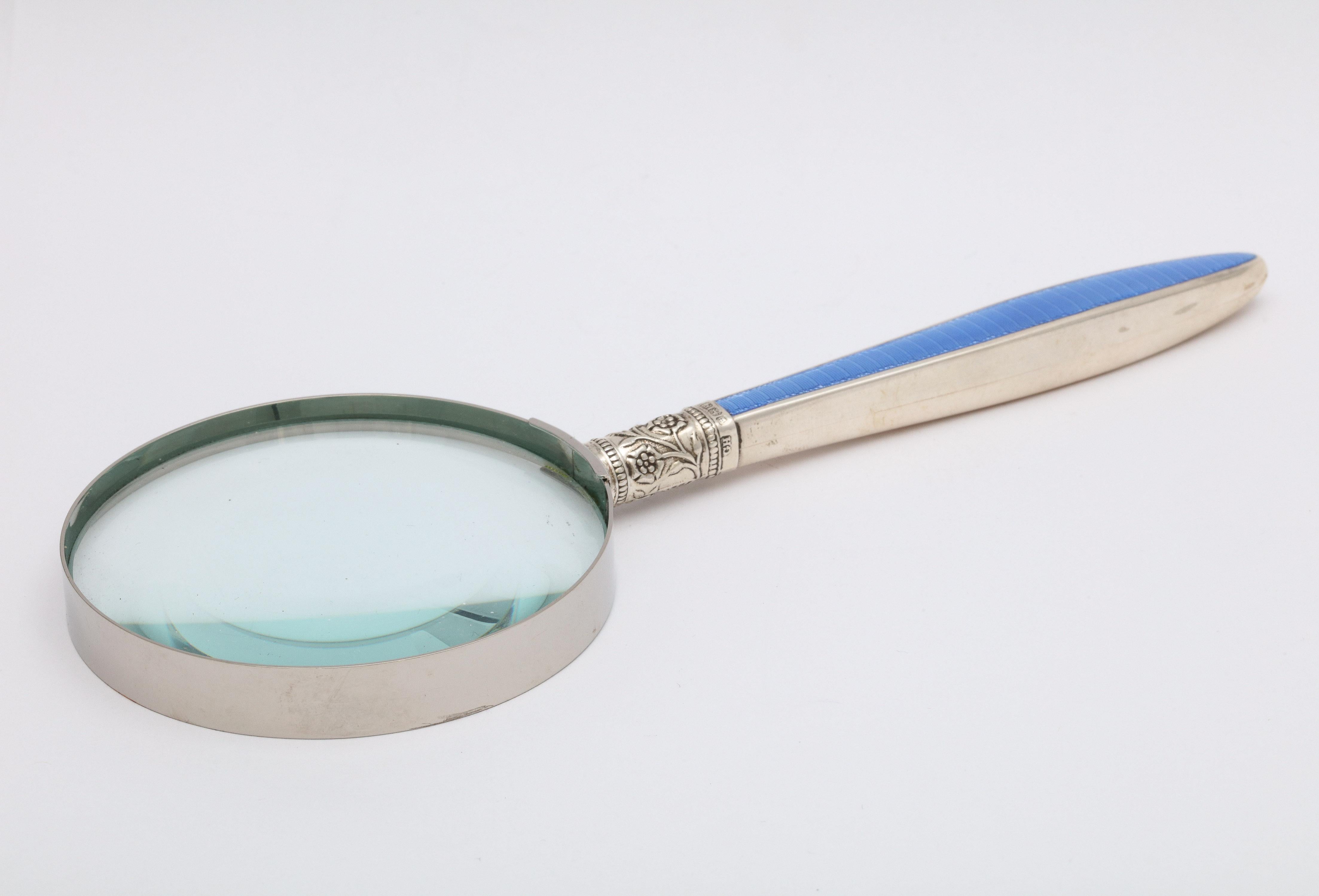 Edwardian Sterling Silver and Blue Guilloche Enamel, Mounted Magnifying Glass 6