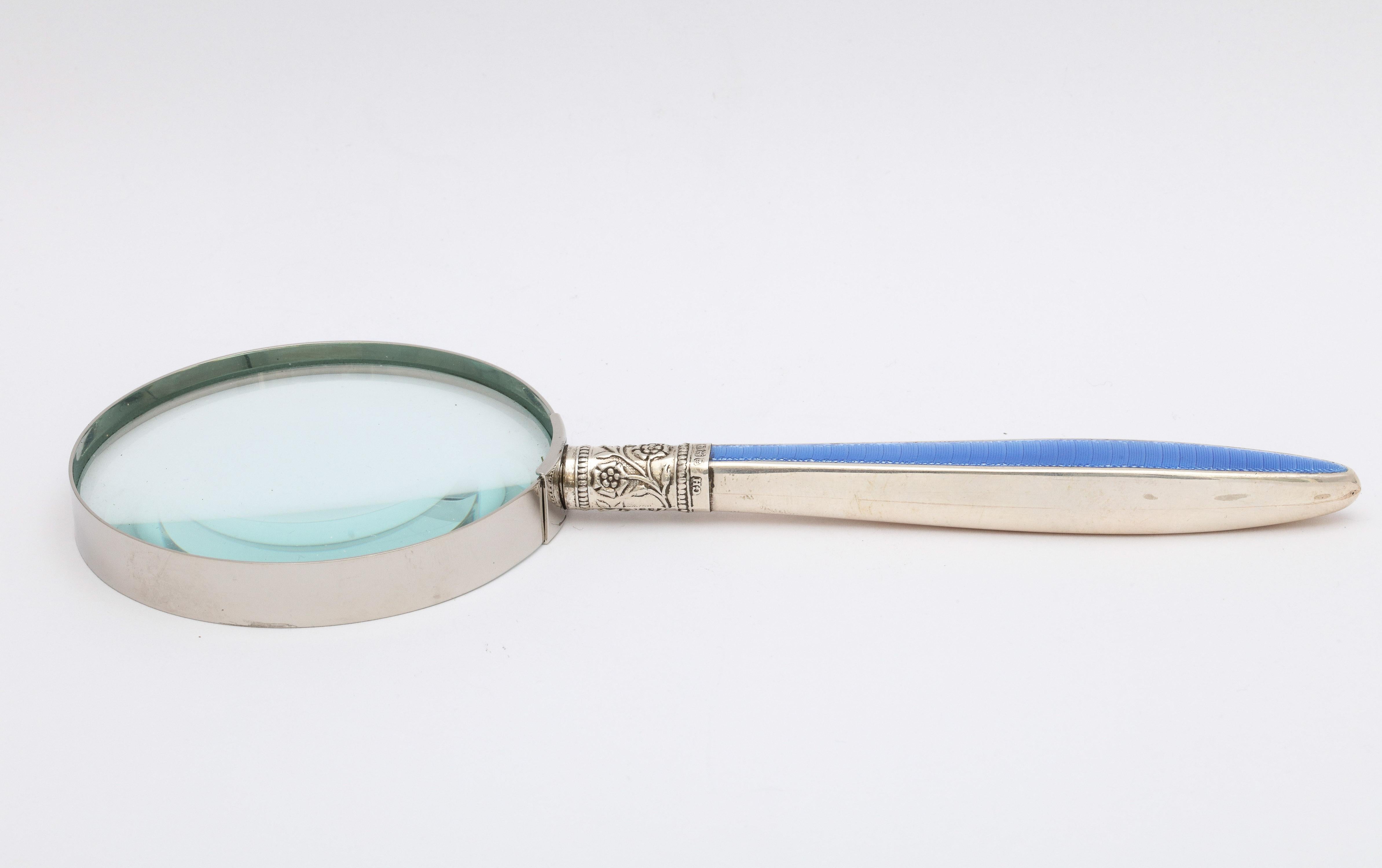 Edwardian Sterling Silver and Blue Guilloche Enamel, Mounted Magnifying Glass 7