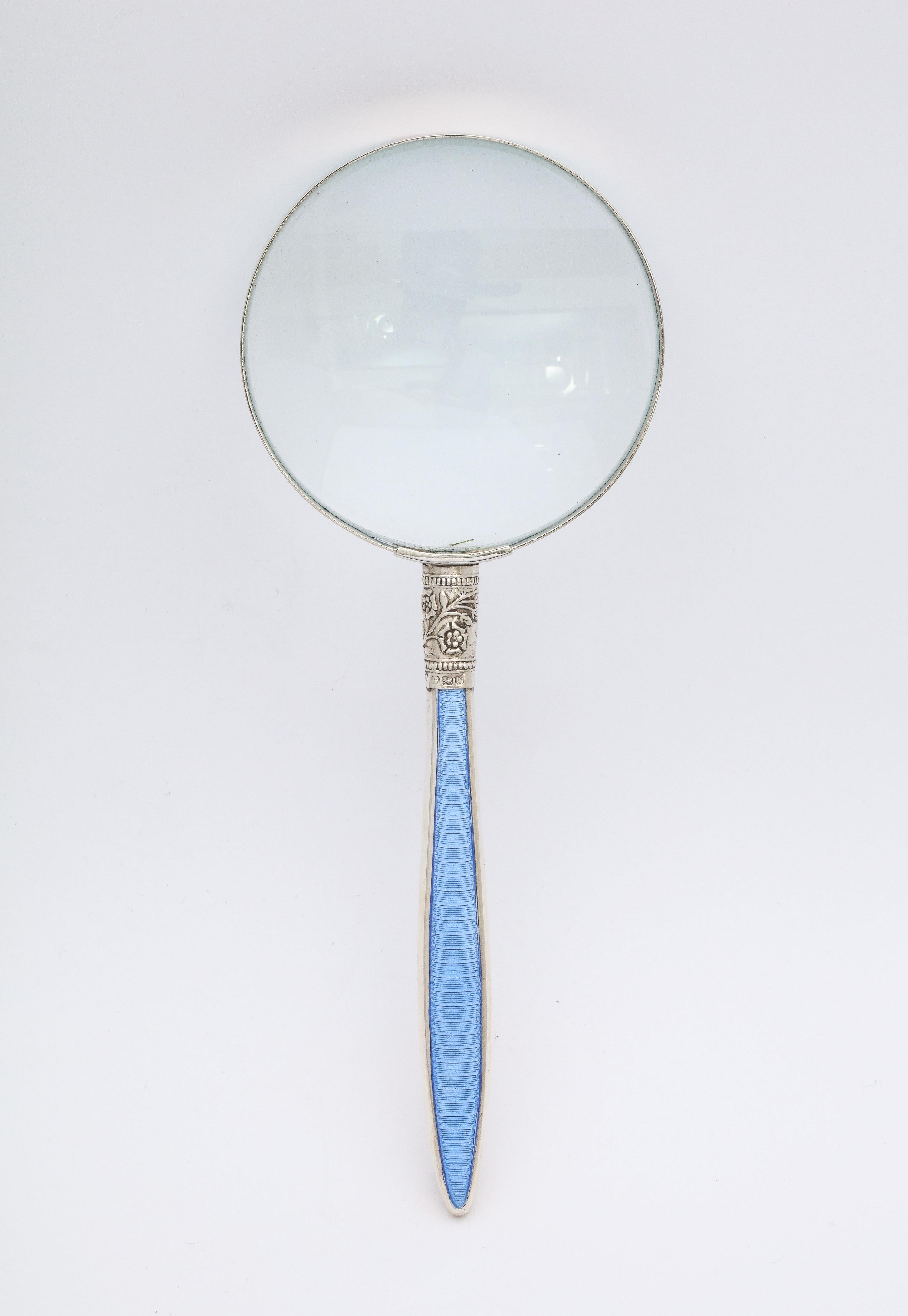 Edwardian Sterling Silver and Blue Guilloche Enamel, Mounted Magnifying Glass 10