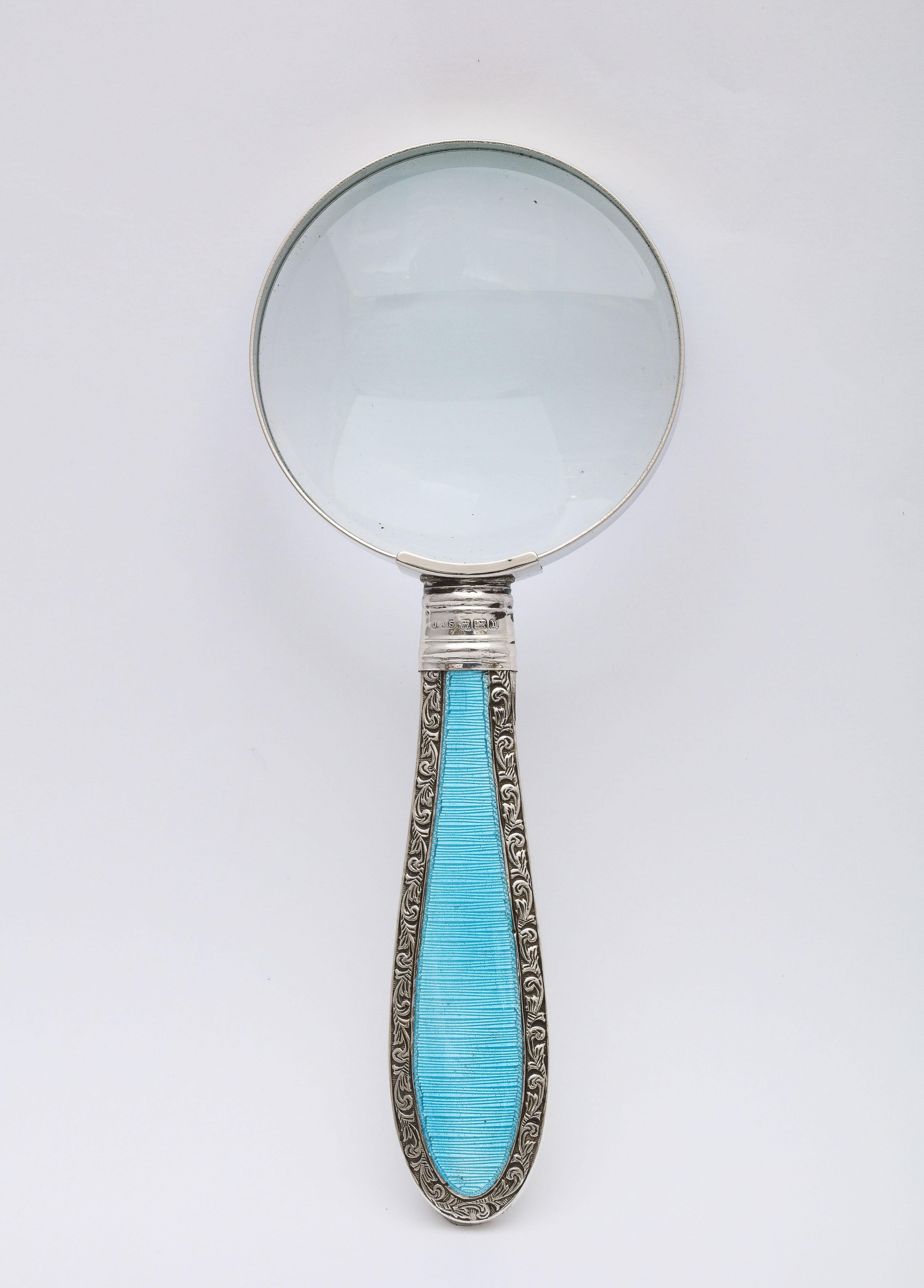 English Edwardian Sterling Silver and Blue Guilloche Enamel-Mounted Magnifying Glass