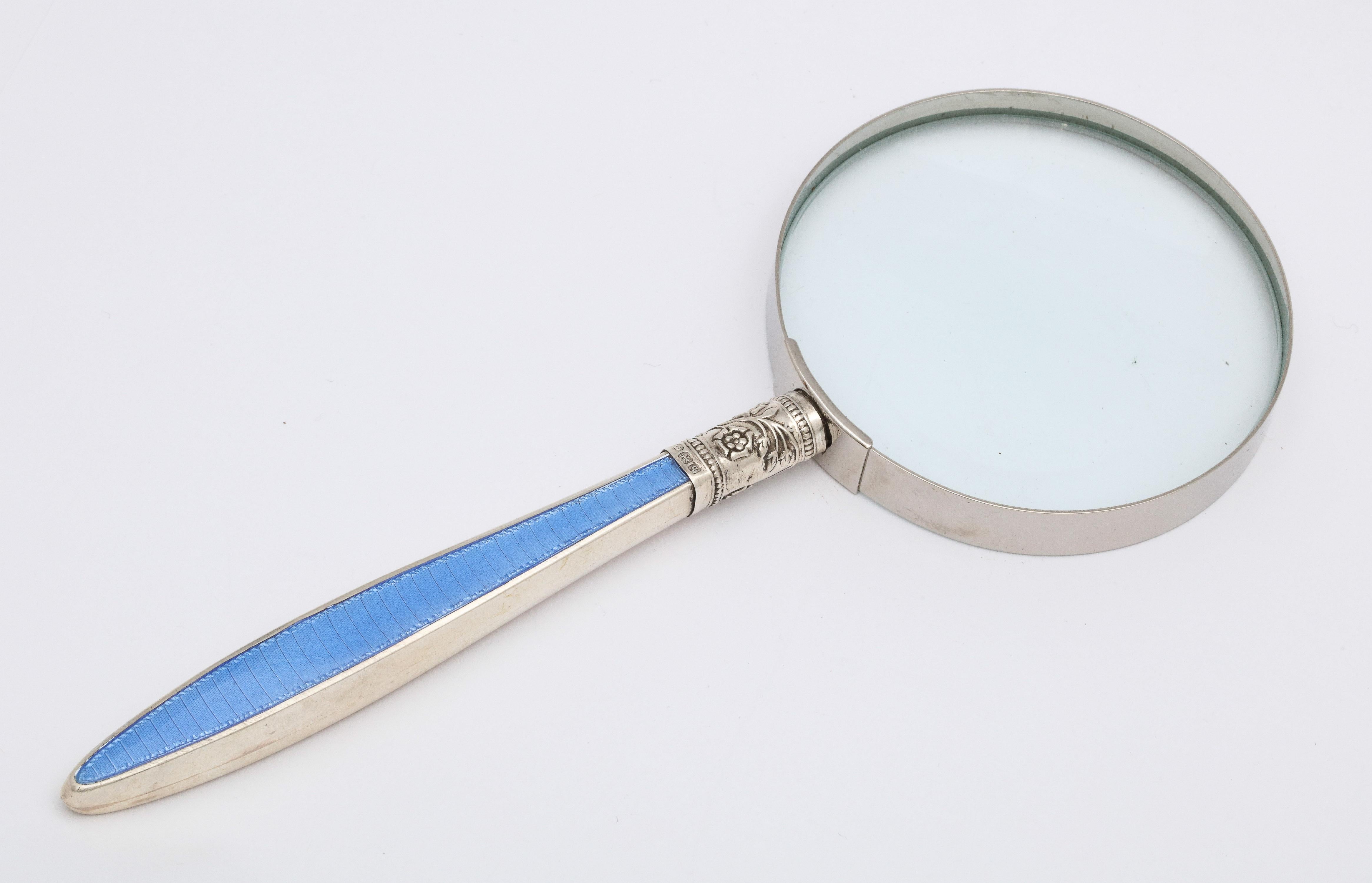 English Edwardian Sterling Silver and Blue Guilloche Enamel, Mounted Magnifying Glass