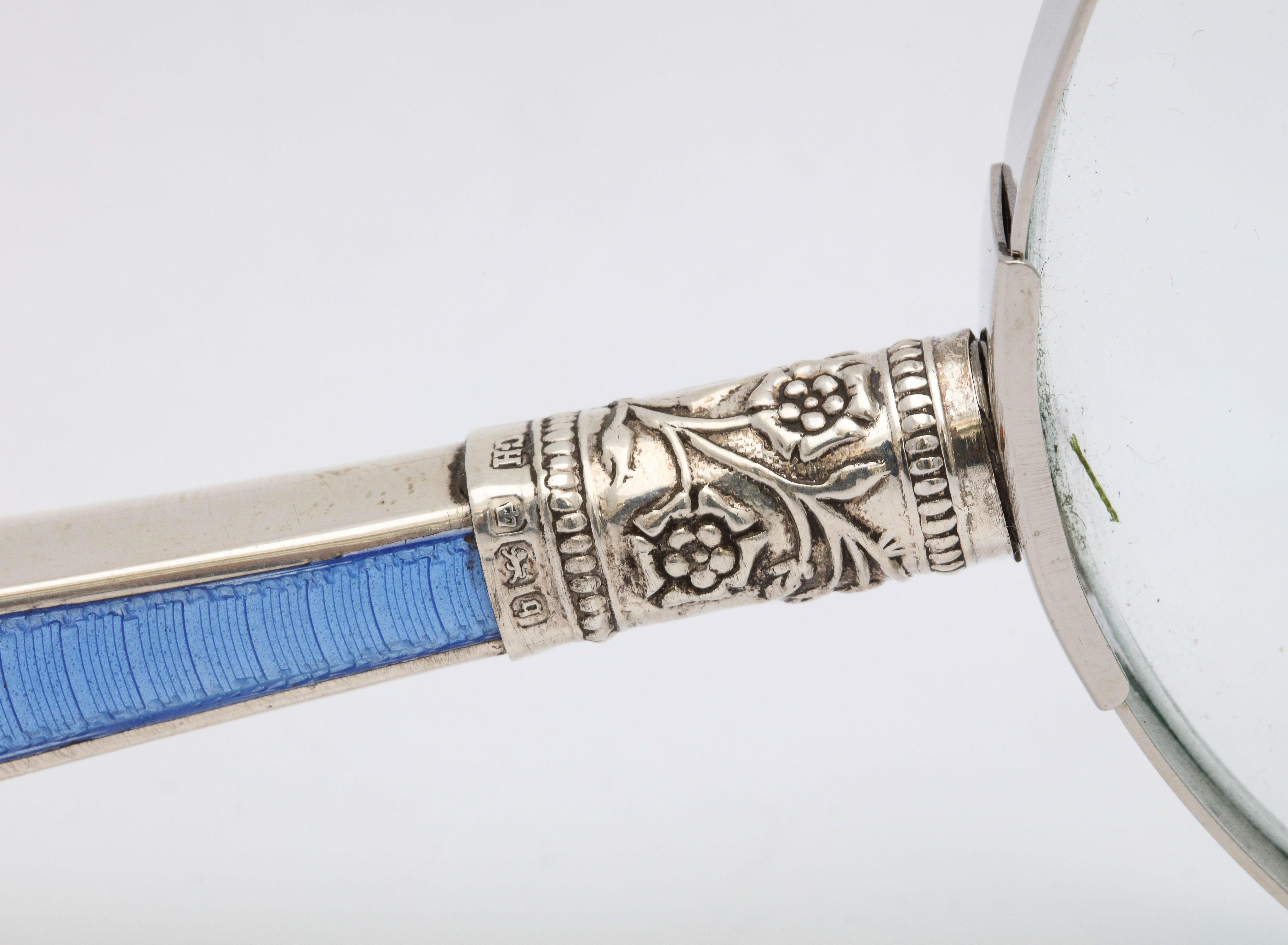 Edwardian Sterling Silver and Blue Guilloche Enamel, Mounted Magnifying Glass In Good Condition In New York, NY