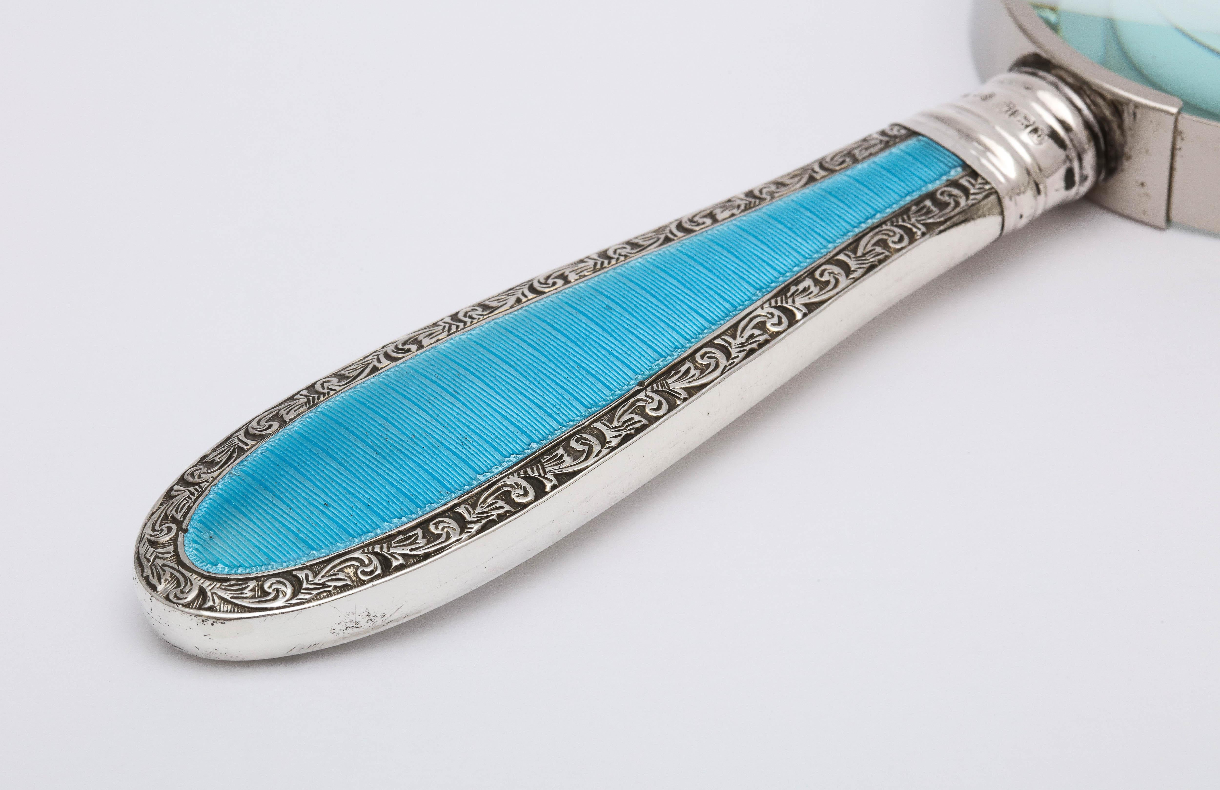 Early 20th Century Edwardian Sterling Silver and Blue Guilloche Enamel-Mounted Magnifying Glass