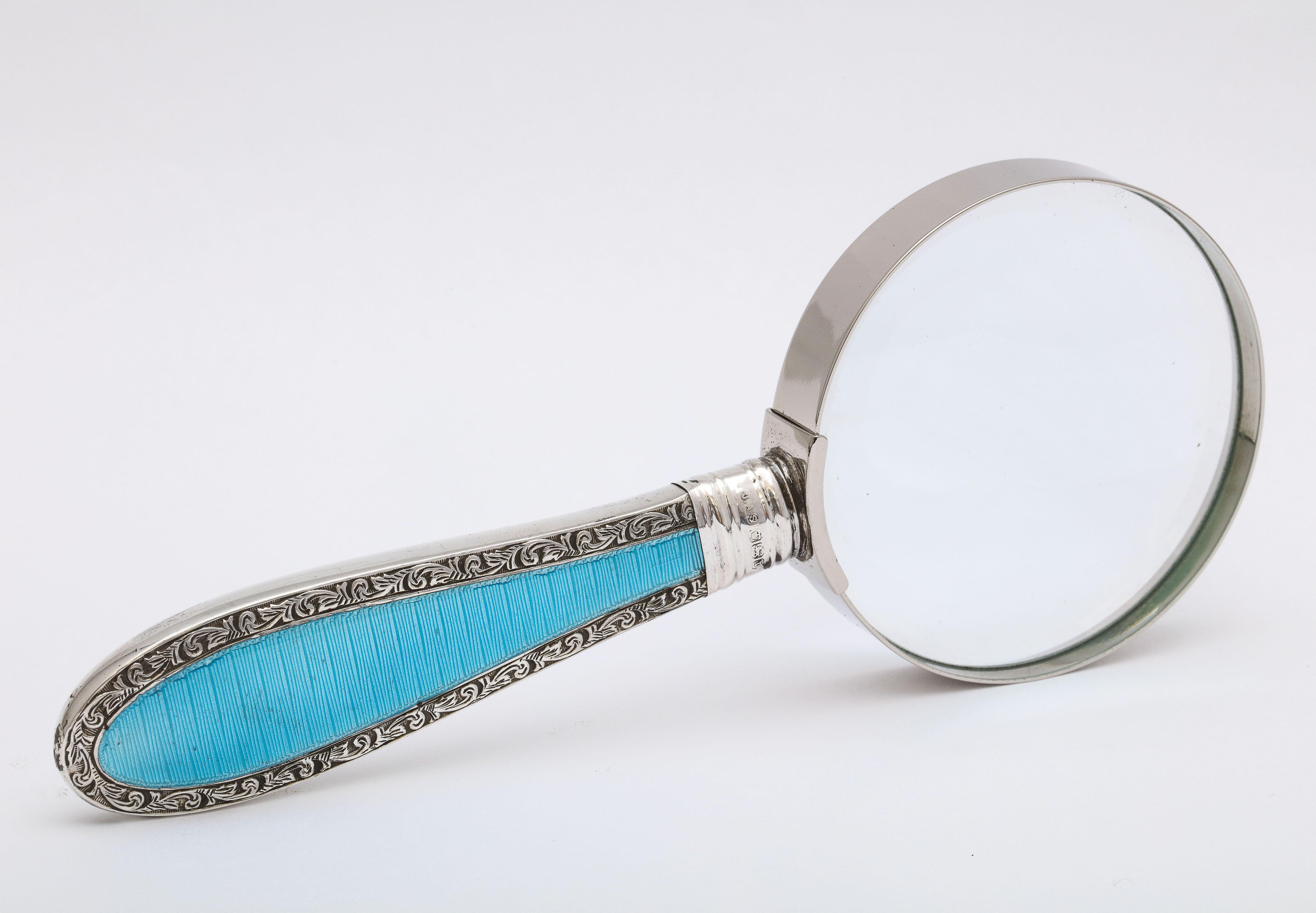 Edwardian Sterling Silver and Blue Guilloche Enamel-Mounted Magnifying Glass 1