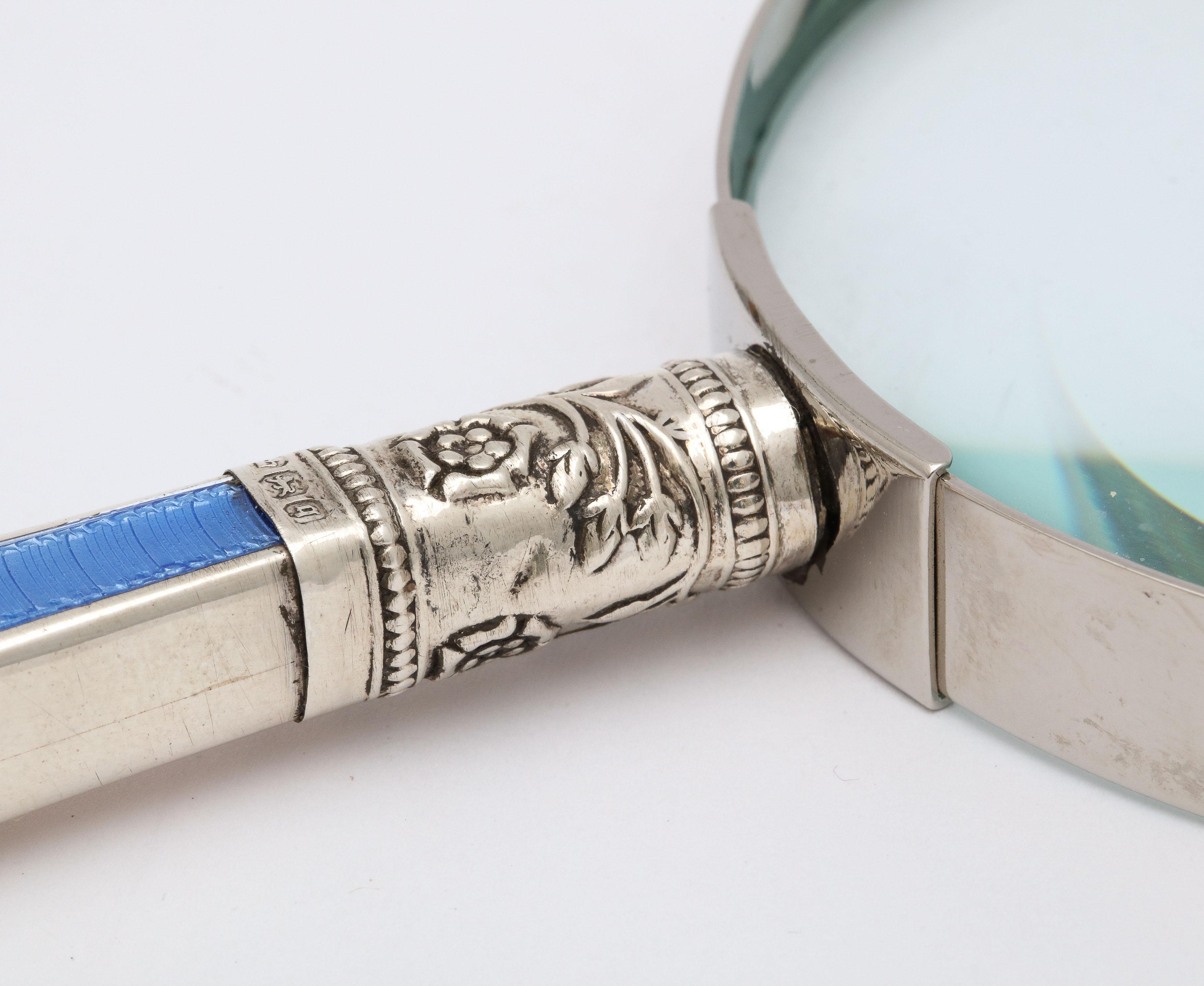 Edwardian Sterling Silver and Blue Guilloche Enamel, Mounted Magnifying Glass 2