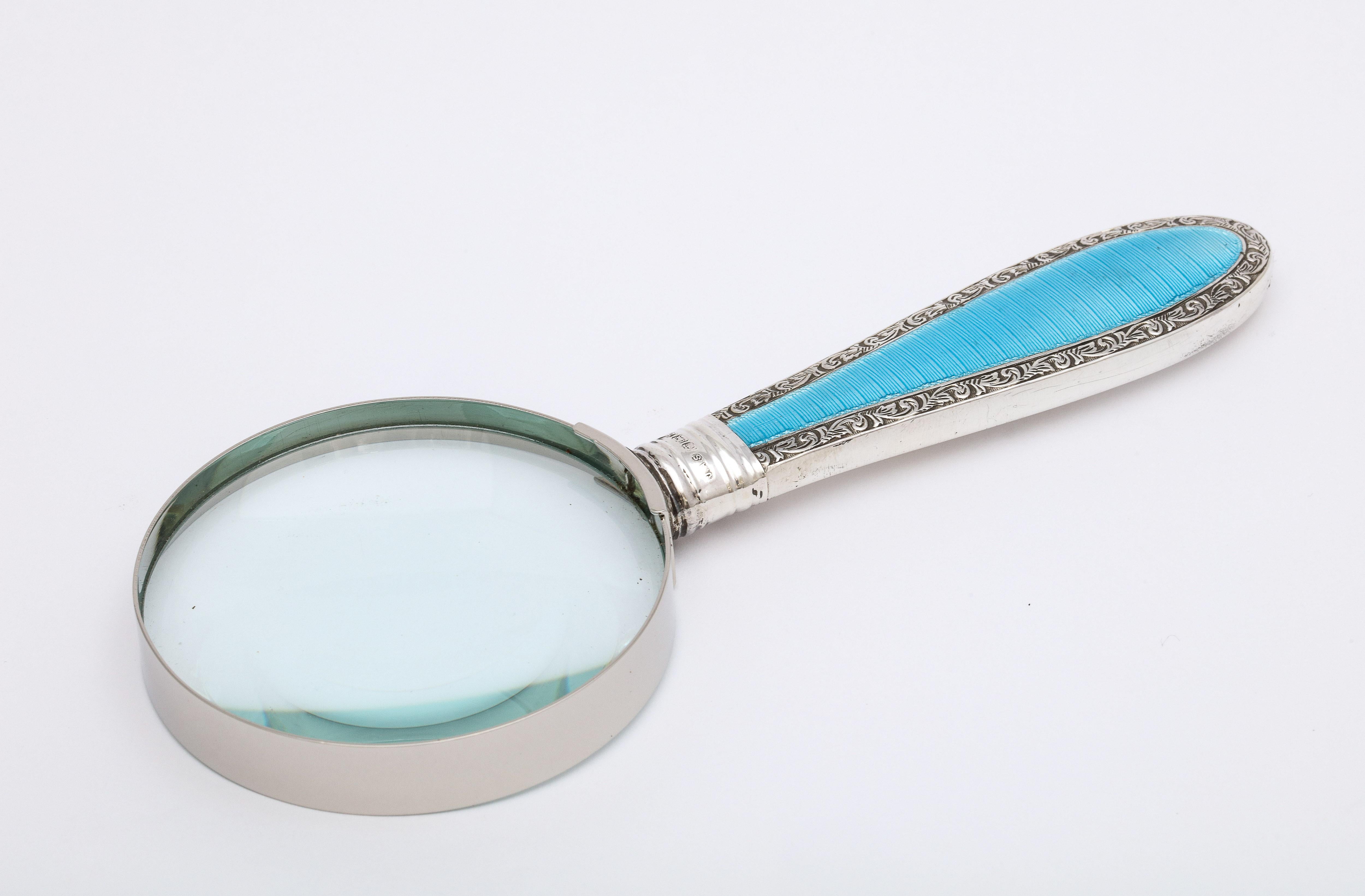 Edwardian Sterling Silver and Blue Guilloche Enamel-Mounted Magnifying Glass 4