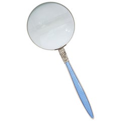 Antique Edwardian Sterling Silver and Blue Guilloche Enamel, Mounted Magnifying Glass