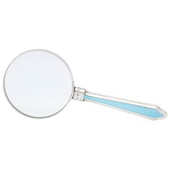 Edwardian Sterling Silver and Blue Guilloche Enamel-Mounted Magnifying Glass