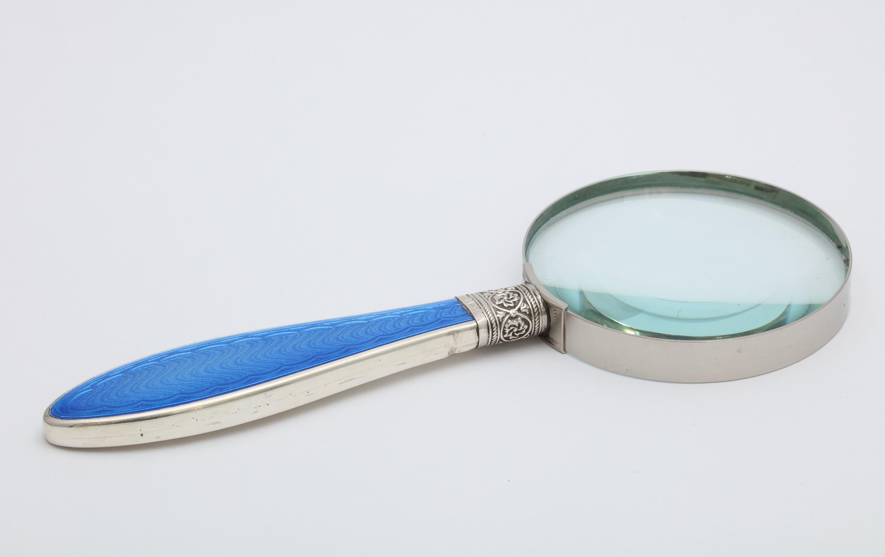 Edwardian Sterling Silver and Dark Blue Enamel, Mounted Magnifying Glass 1