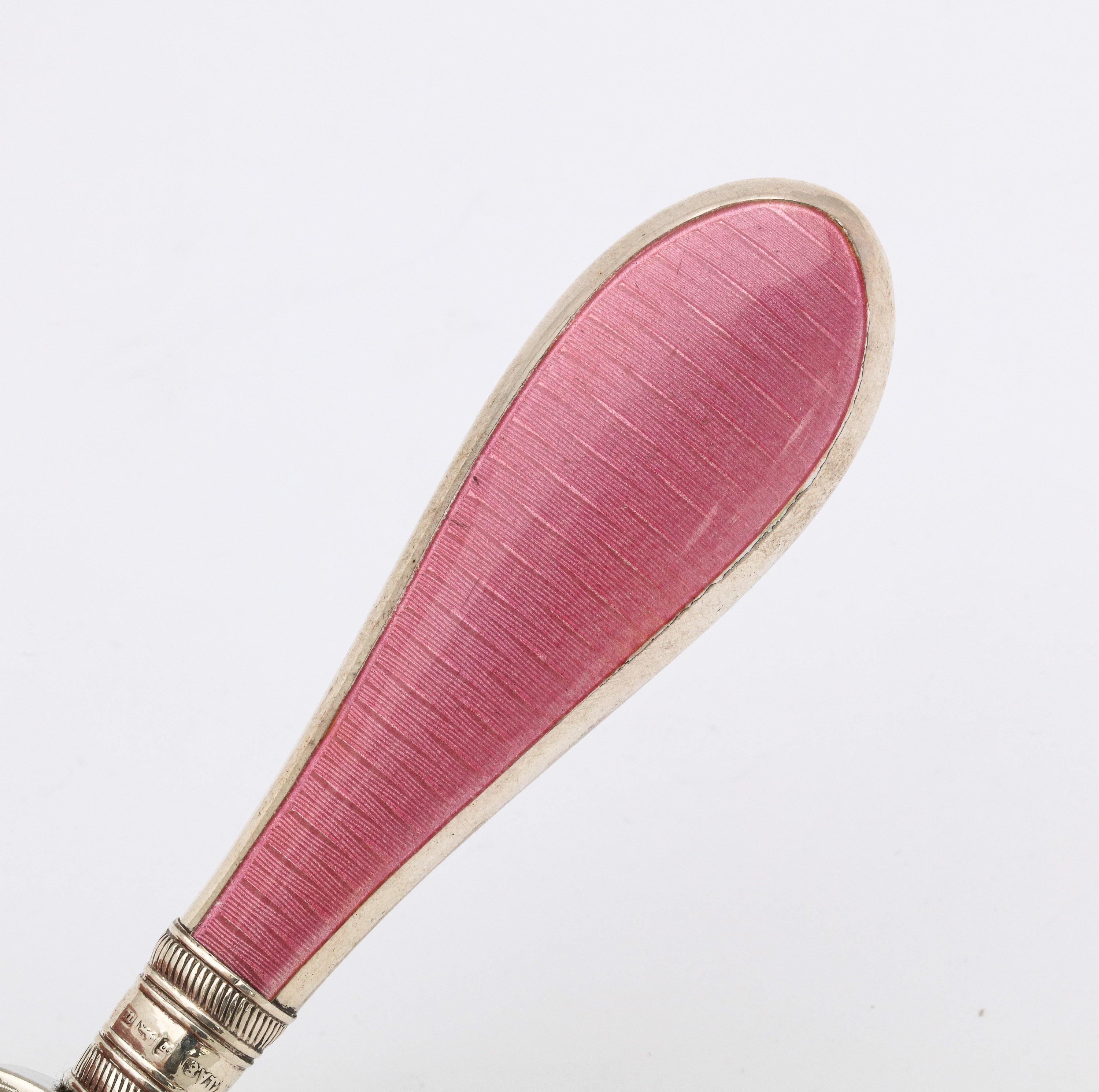Edwardian Sterling Silver and Deep Pink Enamel-Mounted Magnifying Glass For Sale 2