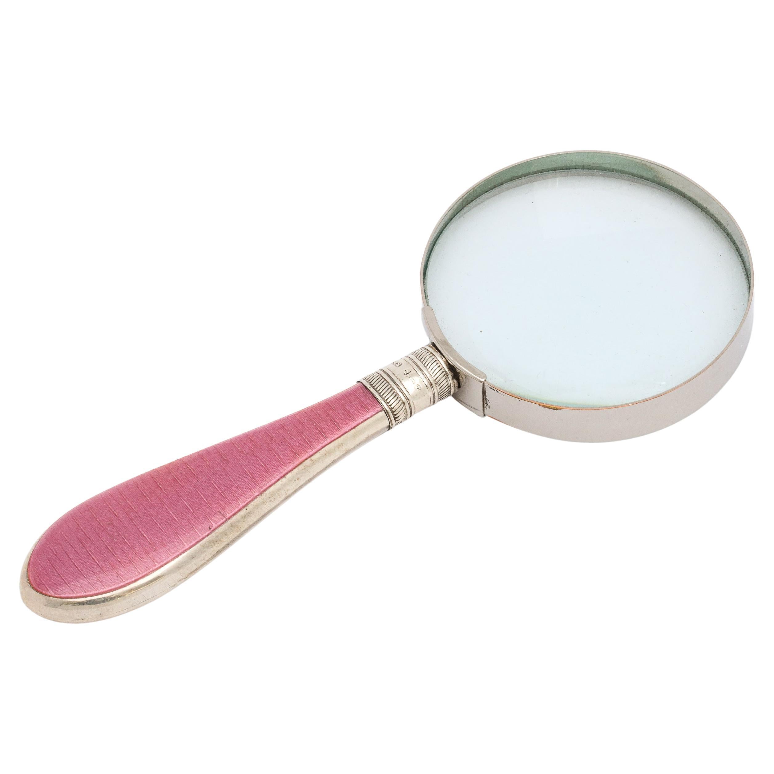 Edwardian Sterling Silver and Deep Pink Enamel-Mounted Magnifying Glass For Sale