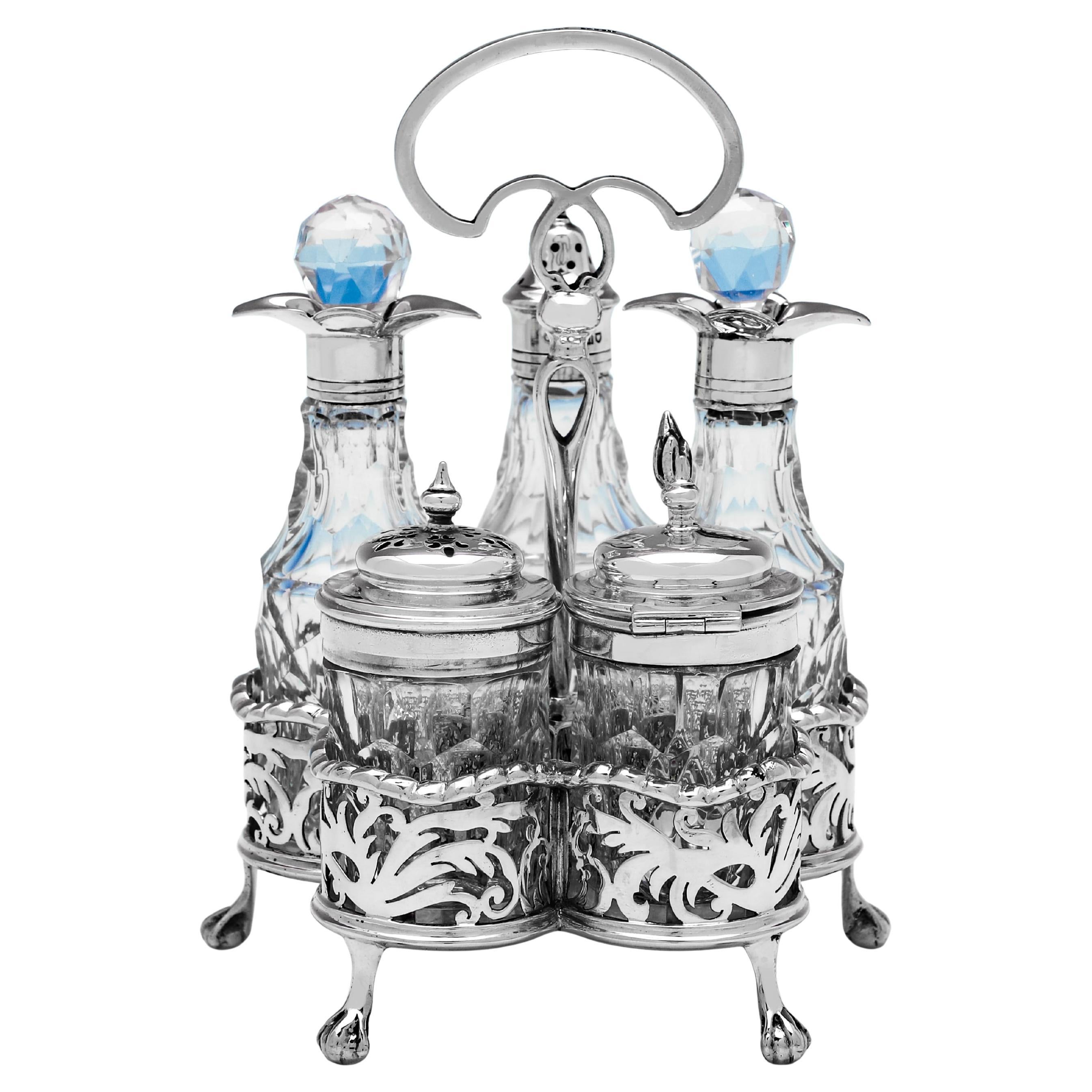 Juego de vinagrera eduardiana de plata y cristal de Goldsmiths & Silversmiths 1908