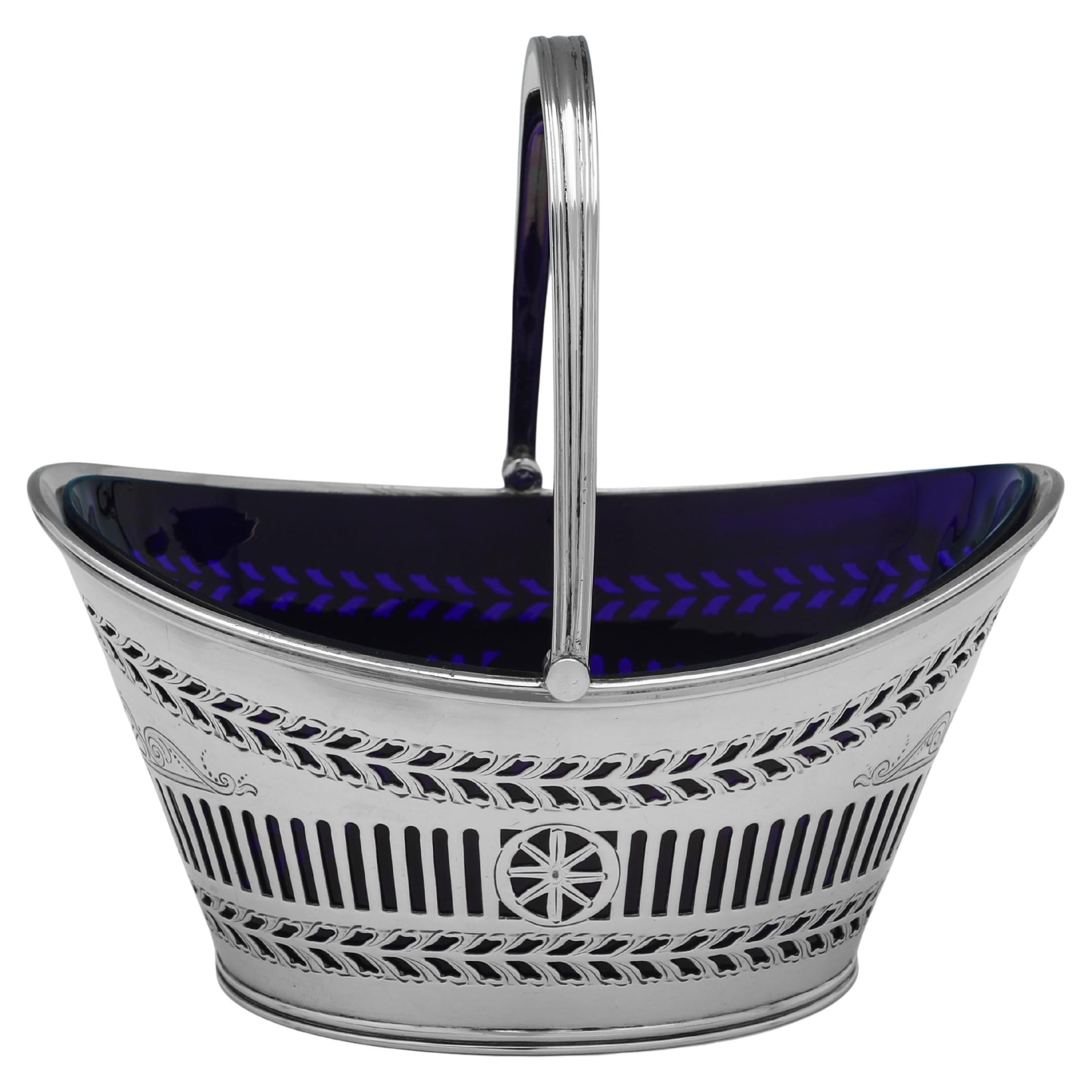 Edwardian sterling silver and glass sugar basket made in 1901